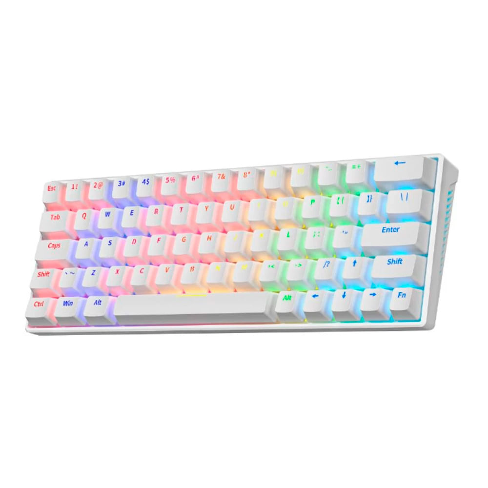 Teclado gamer alámbrico Zifriend KA646, conexión USB Tipo-C, mecánico 60%, RGB Rainbow, switches blue, blanco