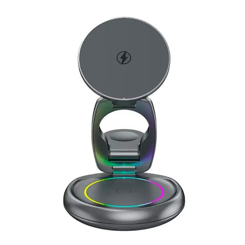 Cargador inalámbrico magnético 3 en 1, 15W para iPhone, Apple Watch y AirPods, base giratoria 360°, diseño plegable, gris