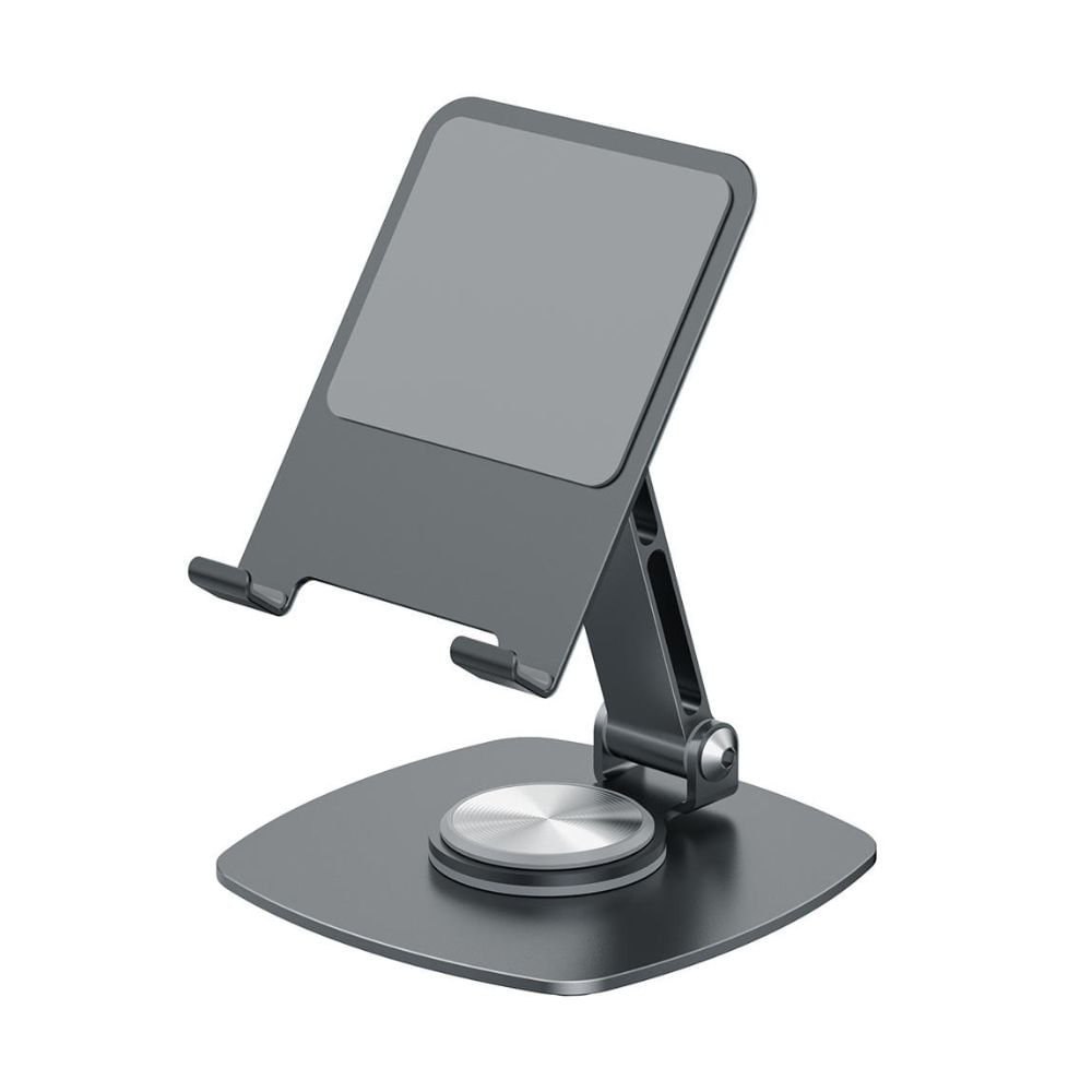 Soporte para tablet y celular 13" con rotación 360°, altura ajustable 12 cm, acero al carbono y aluminio, gris