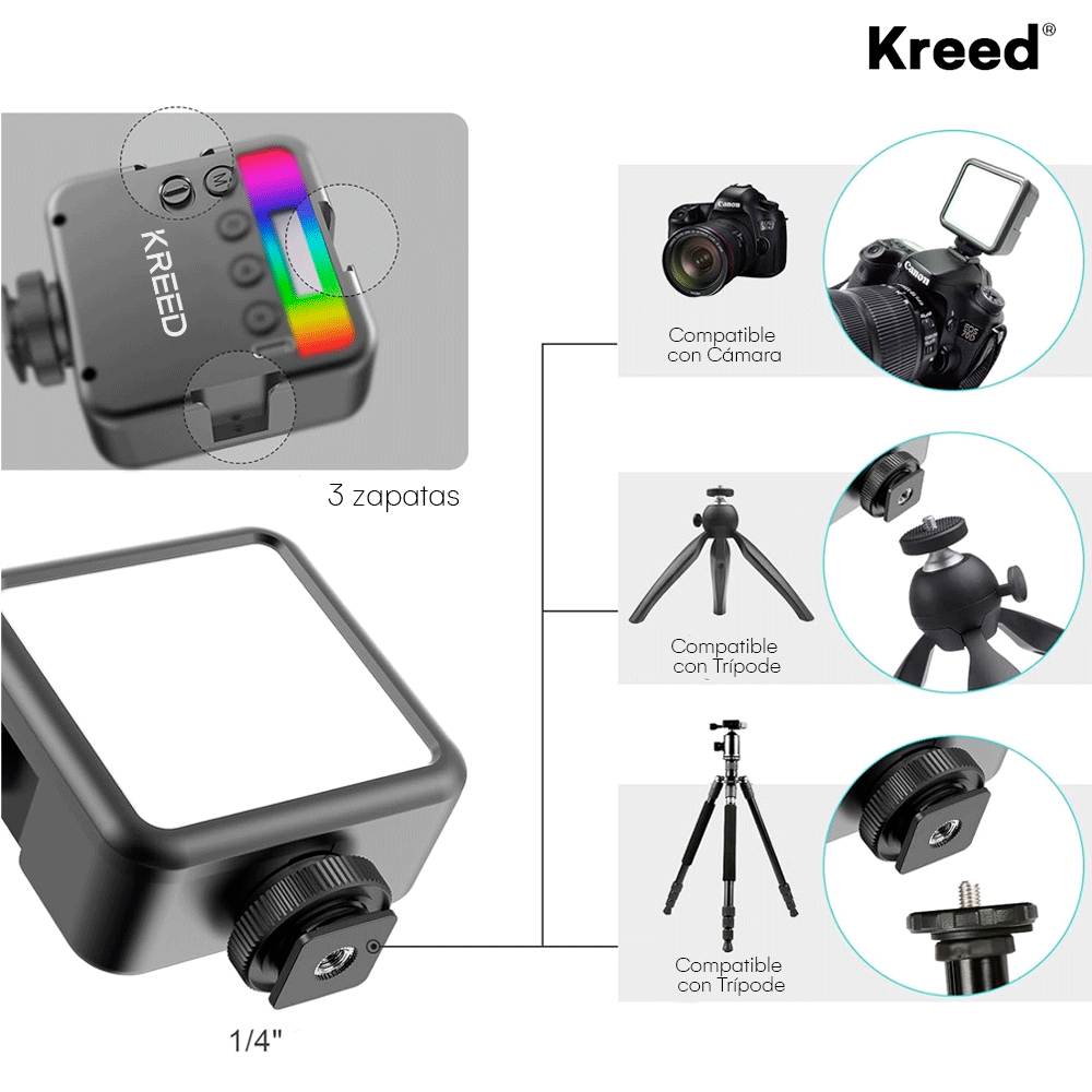 Imagen 2 del producto Luz LED RGB recargable KREED MJ88, para cámaras, 800LM, 3000K-7000K, batería 2000mAh, control remoto