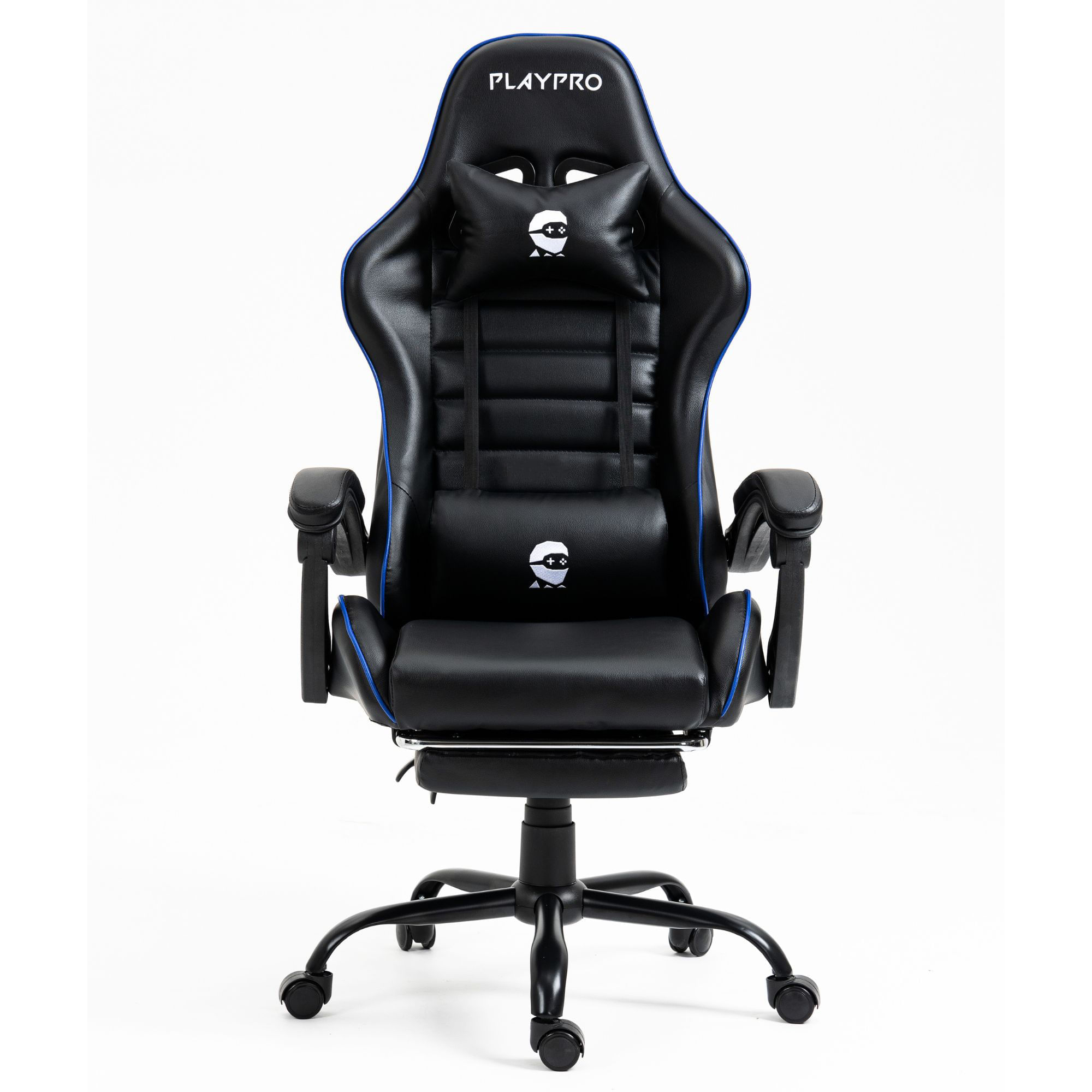 Silla gamer Playpro X1 con masaje lumbar, reclinable 155°, posabrazos suaves, posapiés, base de metal, azul