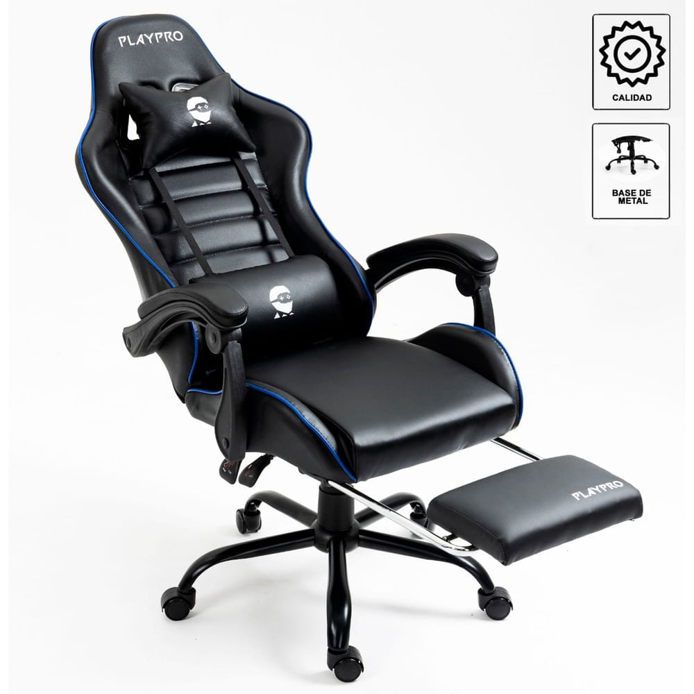 Imagen 2 del producto Silla gamer Playpro X1 con masaje lumbar, reclinable 155°, posabrazos suaves, posapiés, base de metal, azul