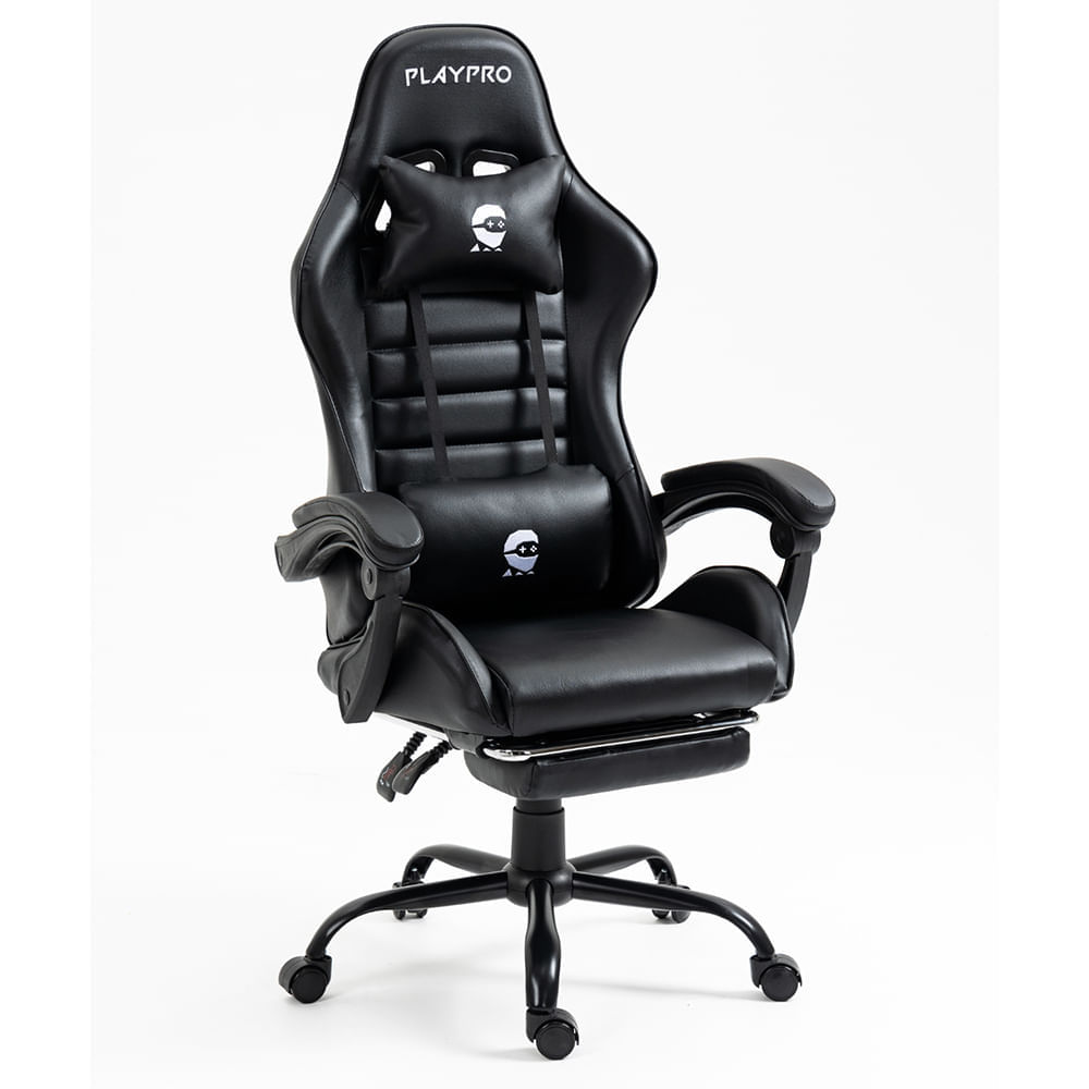 Imagen 2 del producto Silla gamer Playpro X1 con masaje lumbar, reclinación 155°, posapiés, base de metal, altura ajustable, negro
