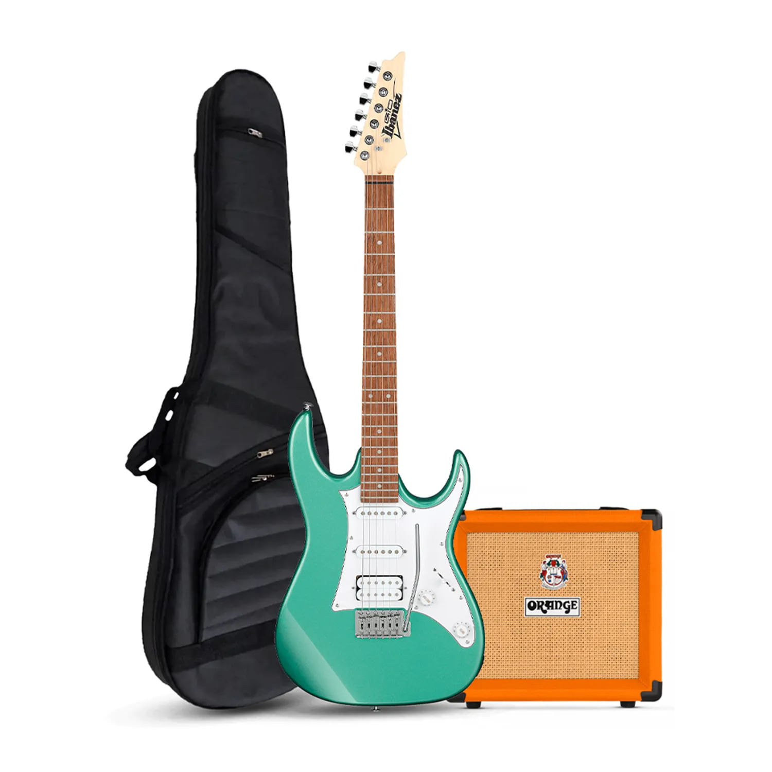 Pack Ibanez Gio GRX40 Metallic Light Green con amplificador Orange Crush 12W y accesorios completos