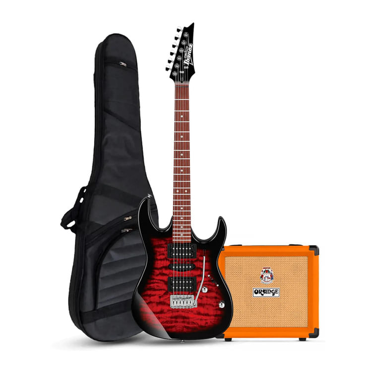 Pack Ibanez GRX70QA Transparent Red Burst, amplificador Orange Crush 12W, accesorios completos