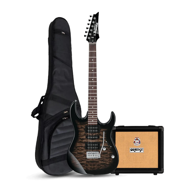 Pack Ibanez GRX70QA Transparent Black Burst, amplificador Orange Crush 12W, accesorios completos