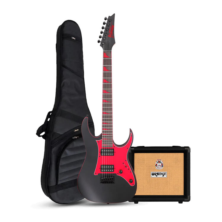 Pack Ibanez GRG131DX Black Flat, amplificador Orange Crush 12W, accesorios completos