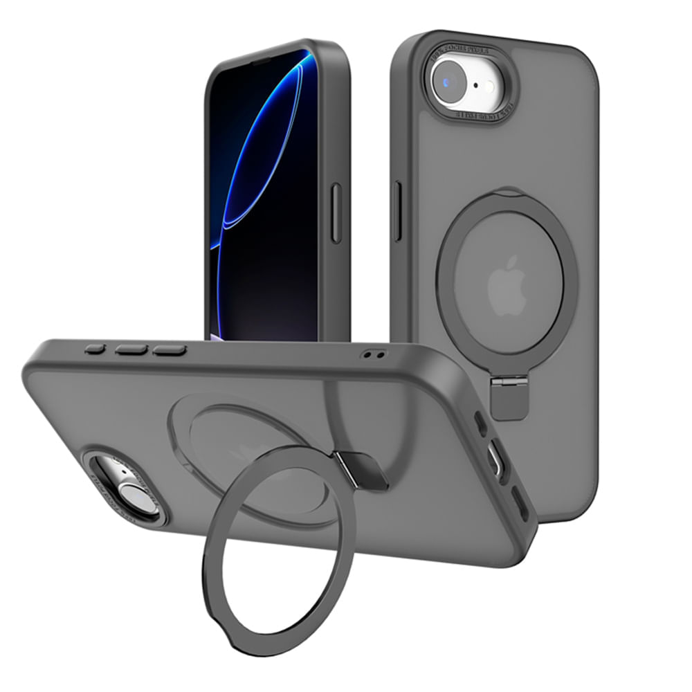 Case iBox para iphone 16e metal matte, con magsafe para carga inalámbrica con soporte, mate traslúcido negro
