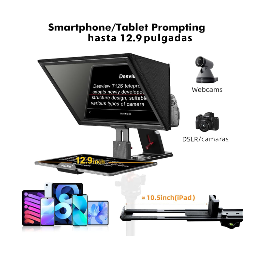 Imagen 2 del producto Teleprompter DesviewT12S portátil y plegable para iPad, Tablet, smartphone DSLR, negro