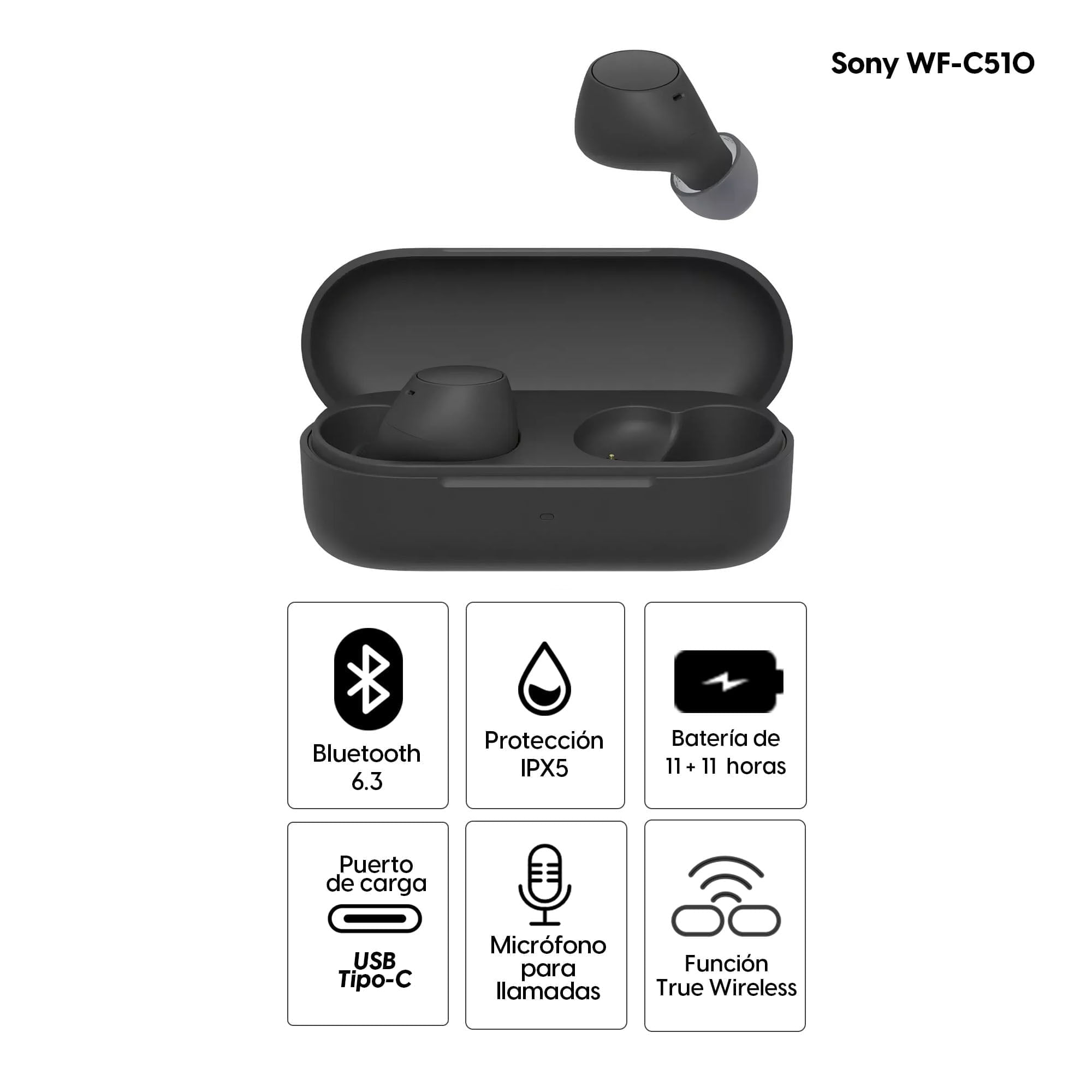 Imagen 2 del producto Audífonos bluetooth True Wireles Sony WF-C510 resistencia IPX4, duración máx. 22 horas con estuche de carga, negro