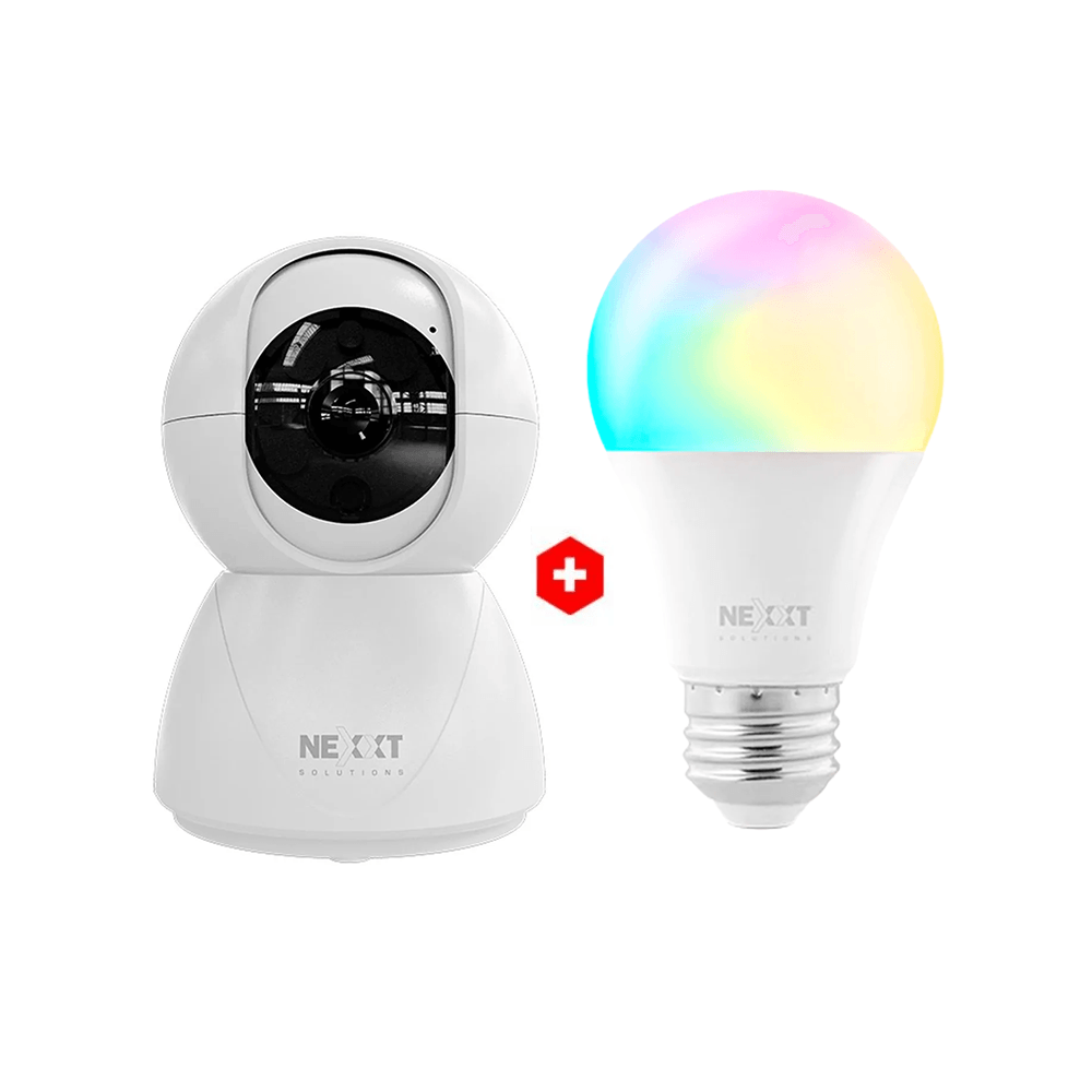 Combo: Cámara de seguridad interna Nexxt NHC-IP10 2K, visión nocturna + Foco inteligente Nexxt led 9W, 800 lúmenes, multicolor