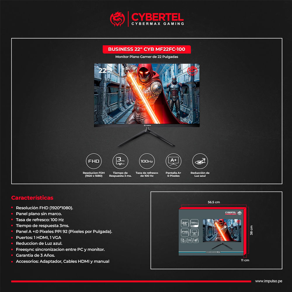 Imagen 2 del producto Monitor gamer plano 22"" Cybertel Business CYB MF22FF-100, FHD (1920 x 1080), 100 Hz