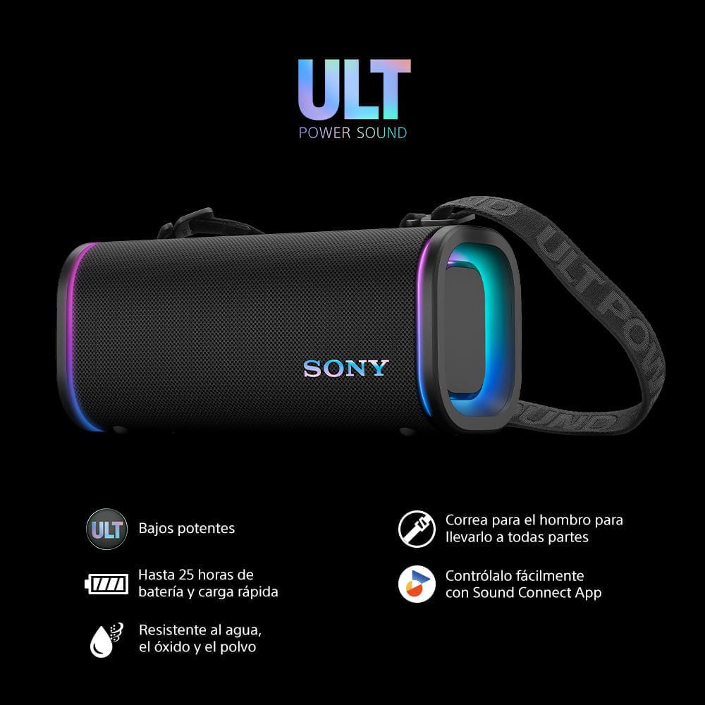 Imagen 2 del producto Parlante portátil Sony ULT FIELD 5 SRS-ULT50, bluetooth, waterproof, graves potentes, 25 h batería, correa y luces sincronizadas, negro