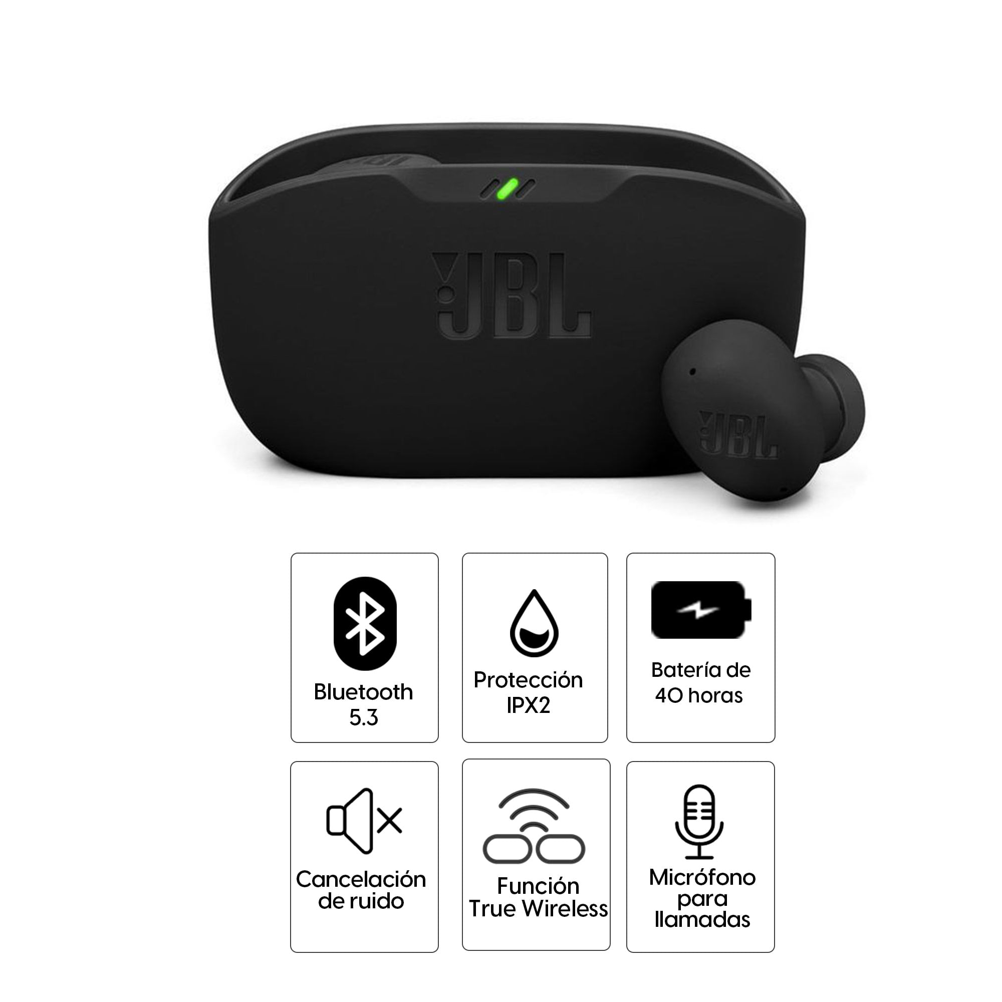 Imagen 2 del producto Audífonos bluetooth True Wireless JBL Wave Buds 2 cancelación de ruido, resistente IP54, duración máx. 40 horas con estuche de carga, negro