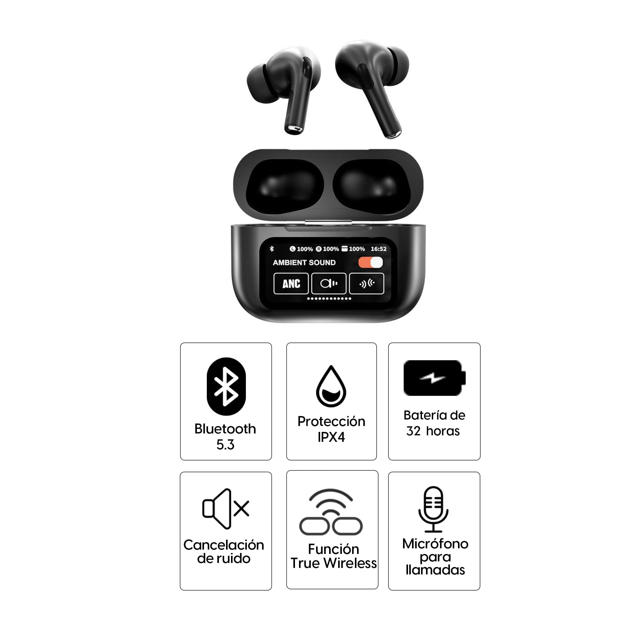 Imagen 2 del producto Audífonos bluetooth True Wireless Decibel Aura Touch cancelación activa, resistente al agua IPX4, duración máx. 32 horas, con pantalla táctil, negro