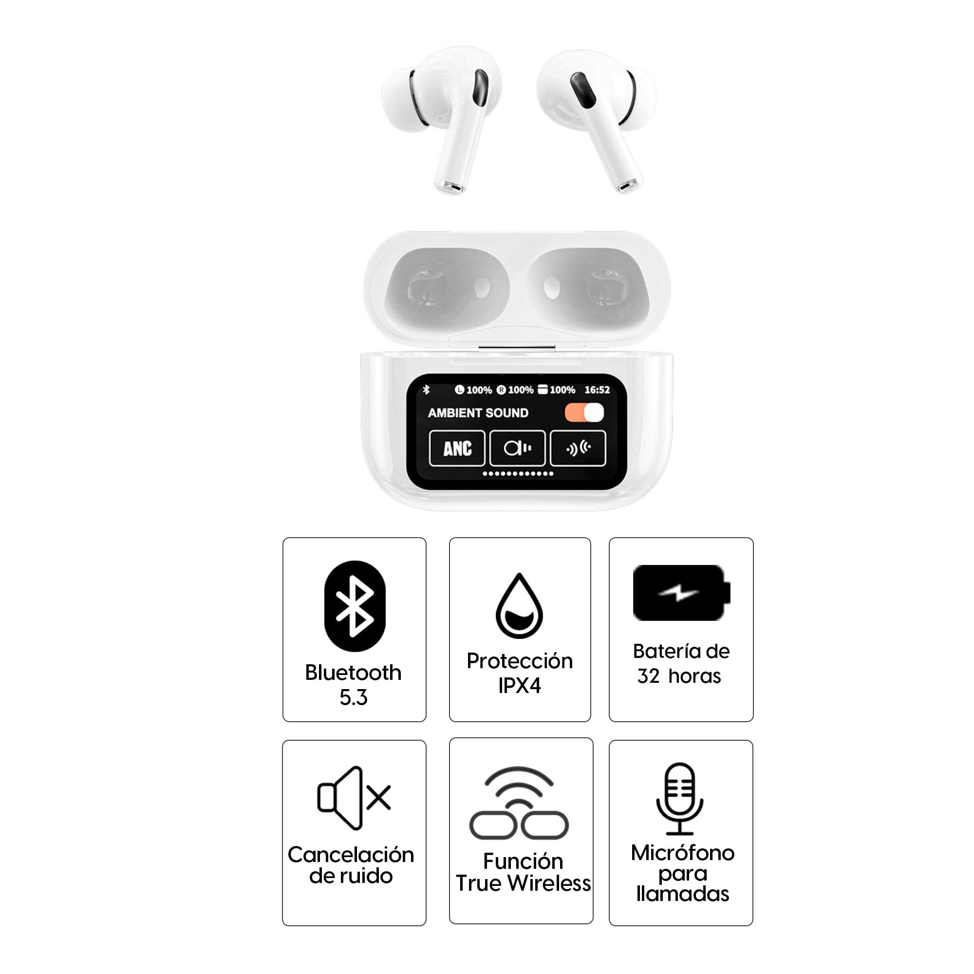 Imagen 2 del producto Audífonos bluetooth True Wireless Decibel Aura Touch cancelación de ruido, resistente al agua IPX4, duración máx. 32 horas con estuche, blanco