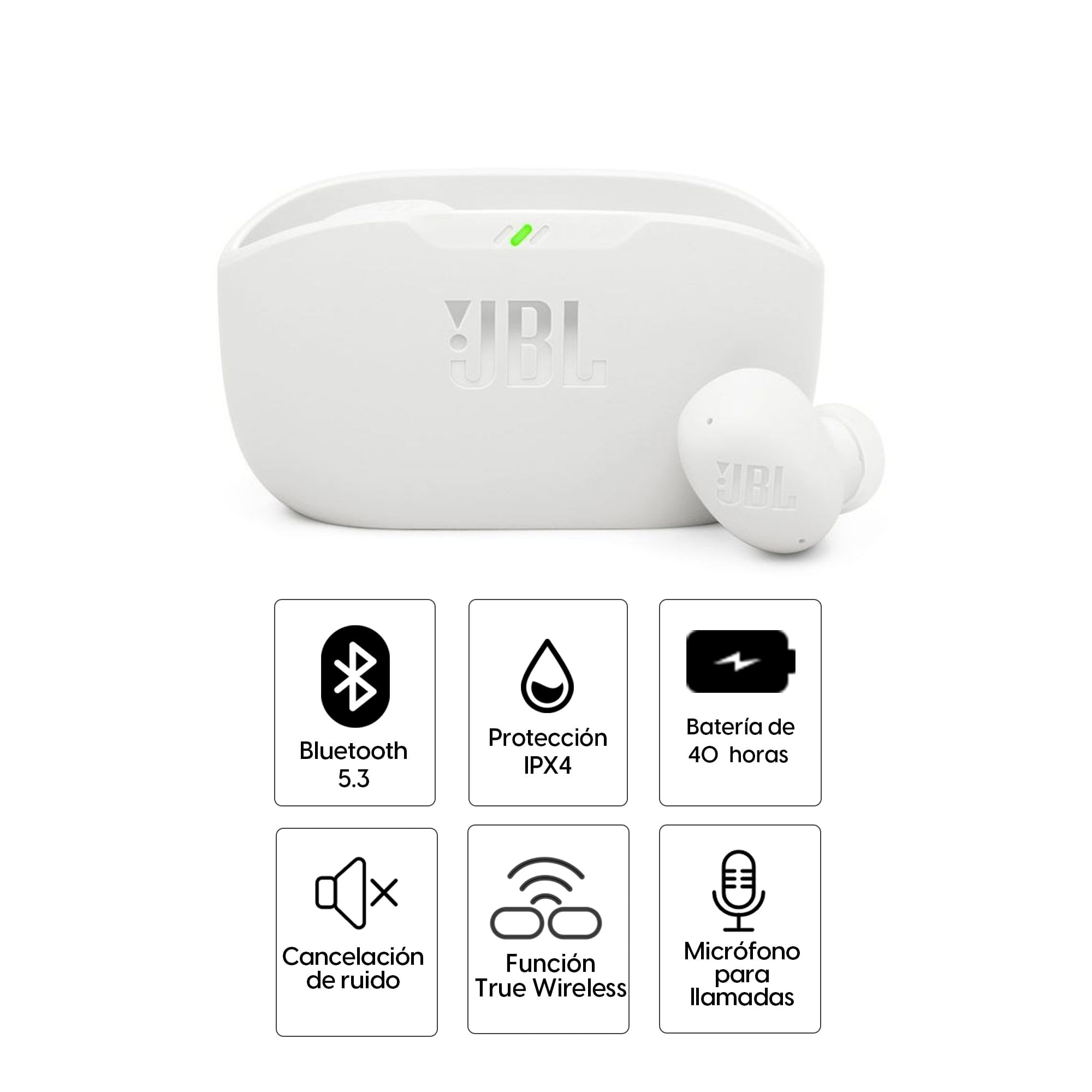 Imagen 2 del producto Audífonos bluetooth True Wireless JBL Wave Buds 2 cancelación de ruido, resistente IP54, duración máx. 40 horas con estuche de carga, blanco