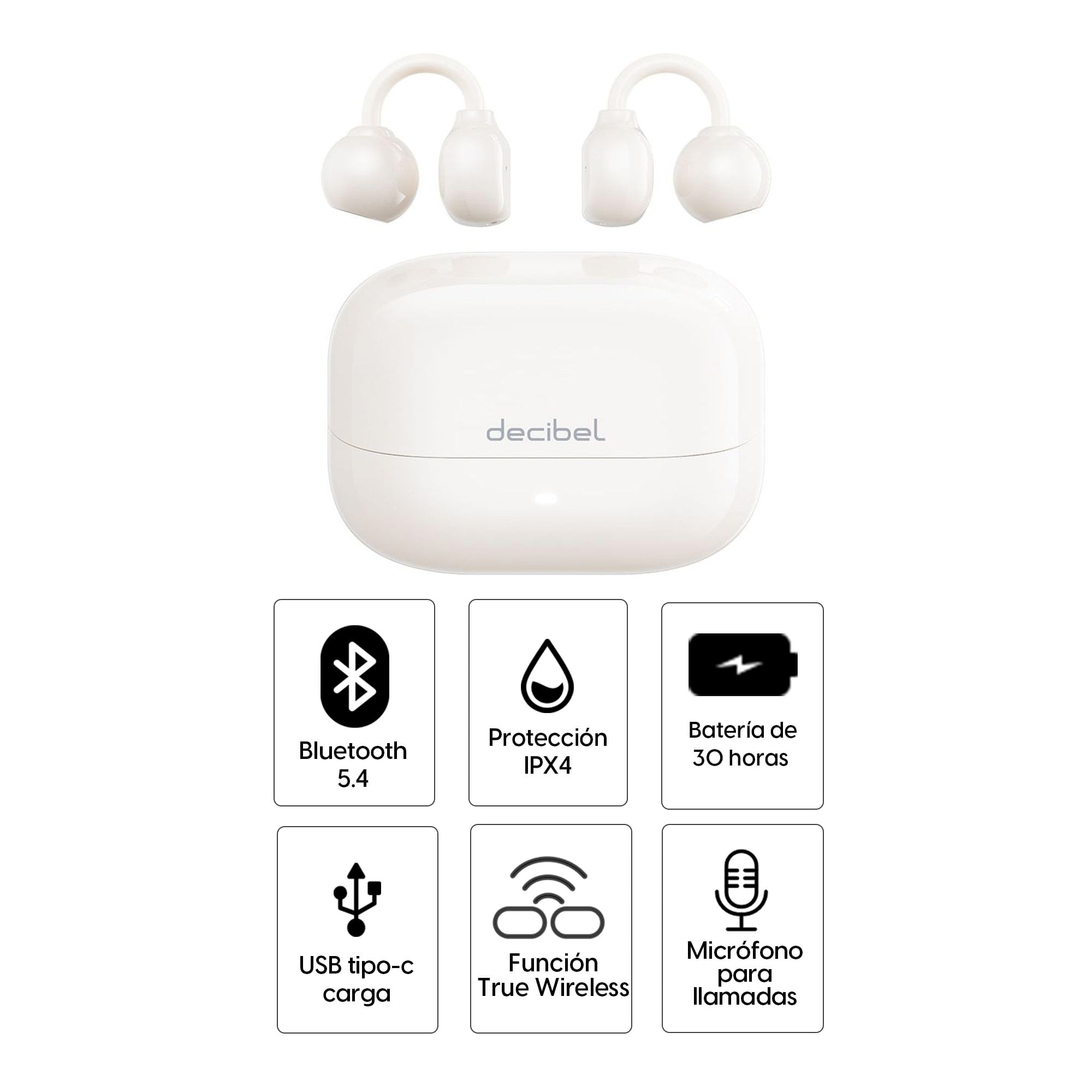 Imagen 2 del producto Audífonos bluetooth True Wireless Decibel Clip Air resistente al agua IPX4, duración máx. 30 horas con estuche, perla