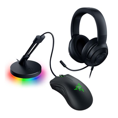 Kit gamer Razer: Audífonos Kraken x Lite + Mouse Deathadder Essential + Sujetador de cables Bungee V3 Chroma, negro