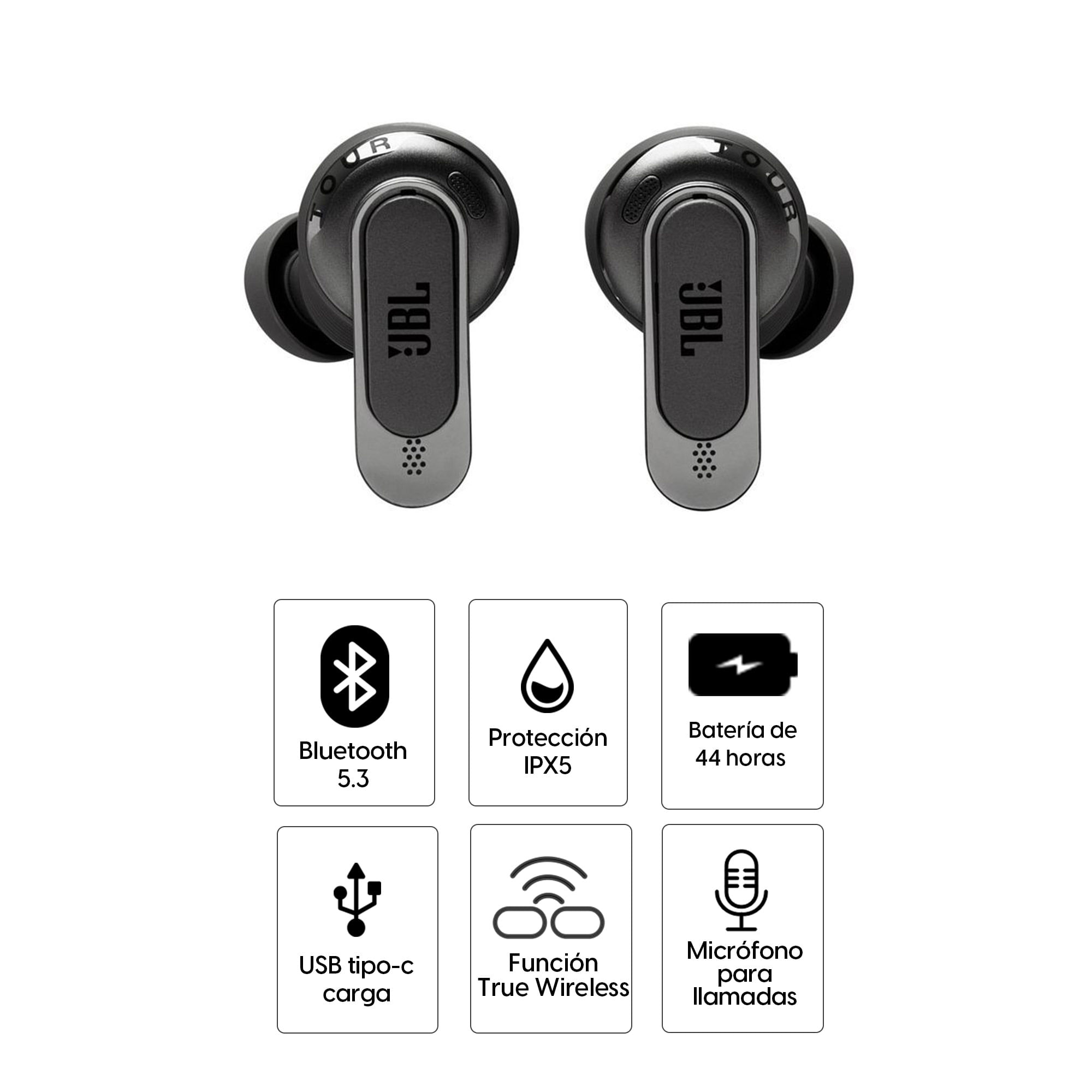 Imagen 2 del producto Audífonos bluetooth True Wireless JBL Tour Pro 3 cancelación de ruido, resistente al agua IPX5, duración máx. 44 horas con estuche de carga, negro