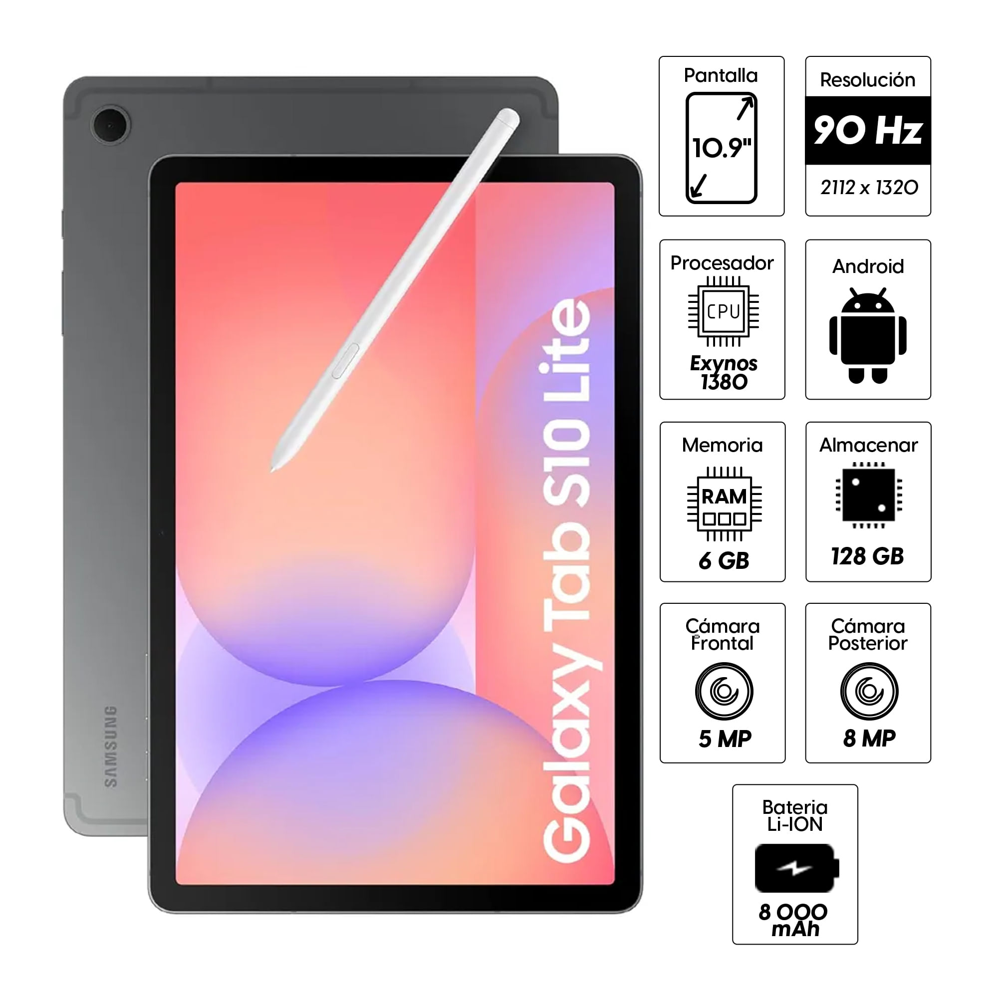 Imagen 2 del producto Tablet Samsung Galaxy Tab S10 Lite 10.9"" 128GB, 6GB RAM, cámara principal 8MP y frontal 5MP, 8000 mAh, Exynos 1380, gris