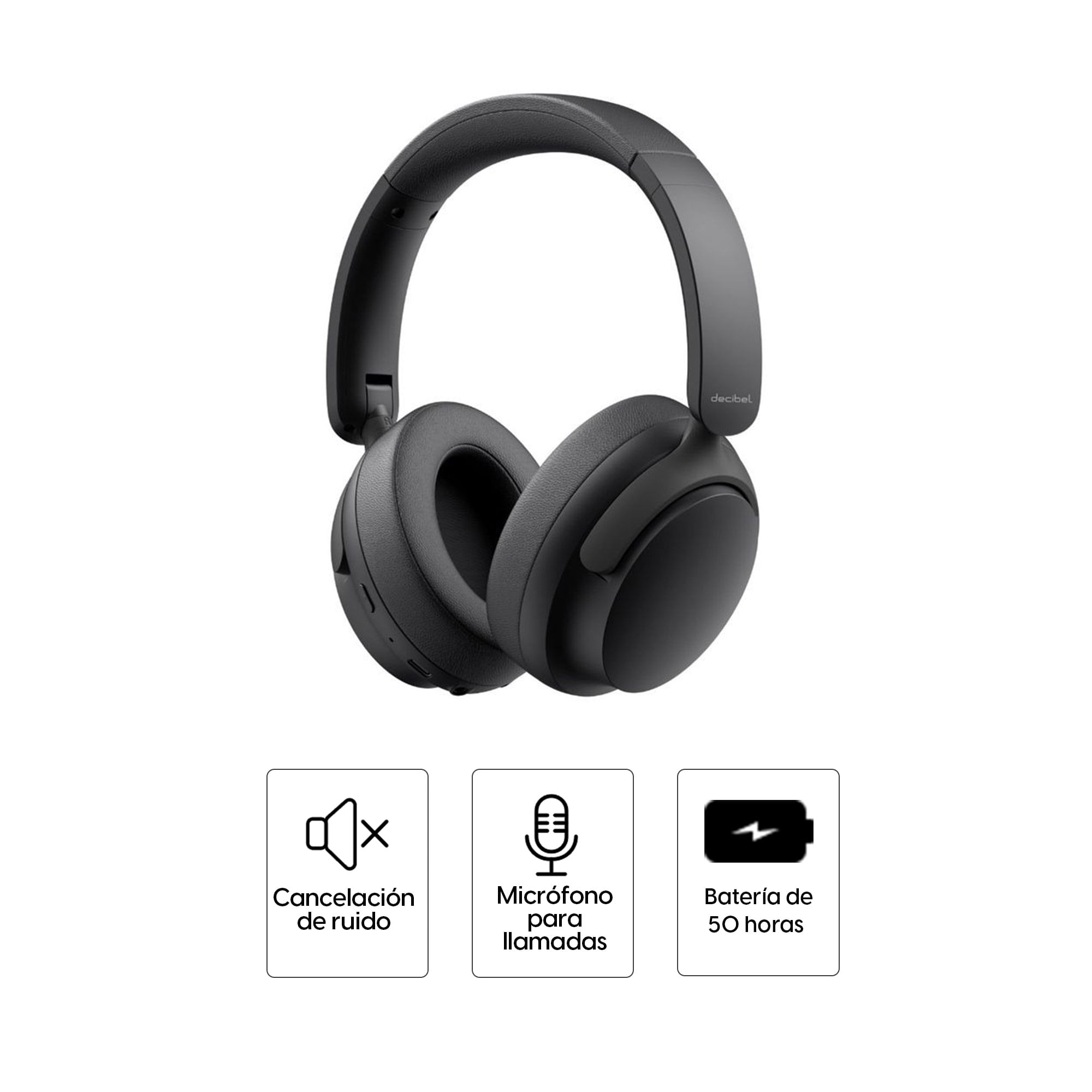 Imagen 2 del producto Audífonos bluetooth on ear Decibel Hybrid Sound con almohadillas acolchadas, máx. 50 horas, control de música y llamadas, negro
