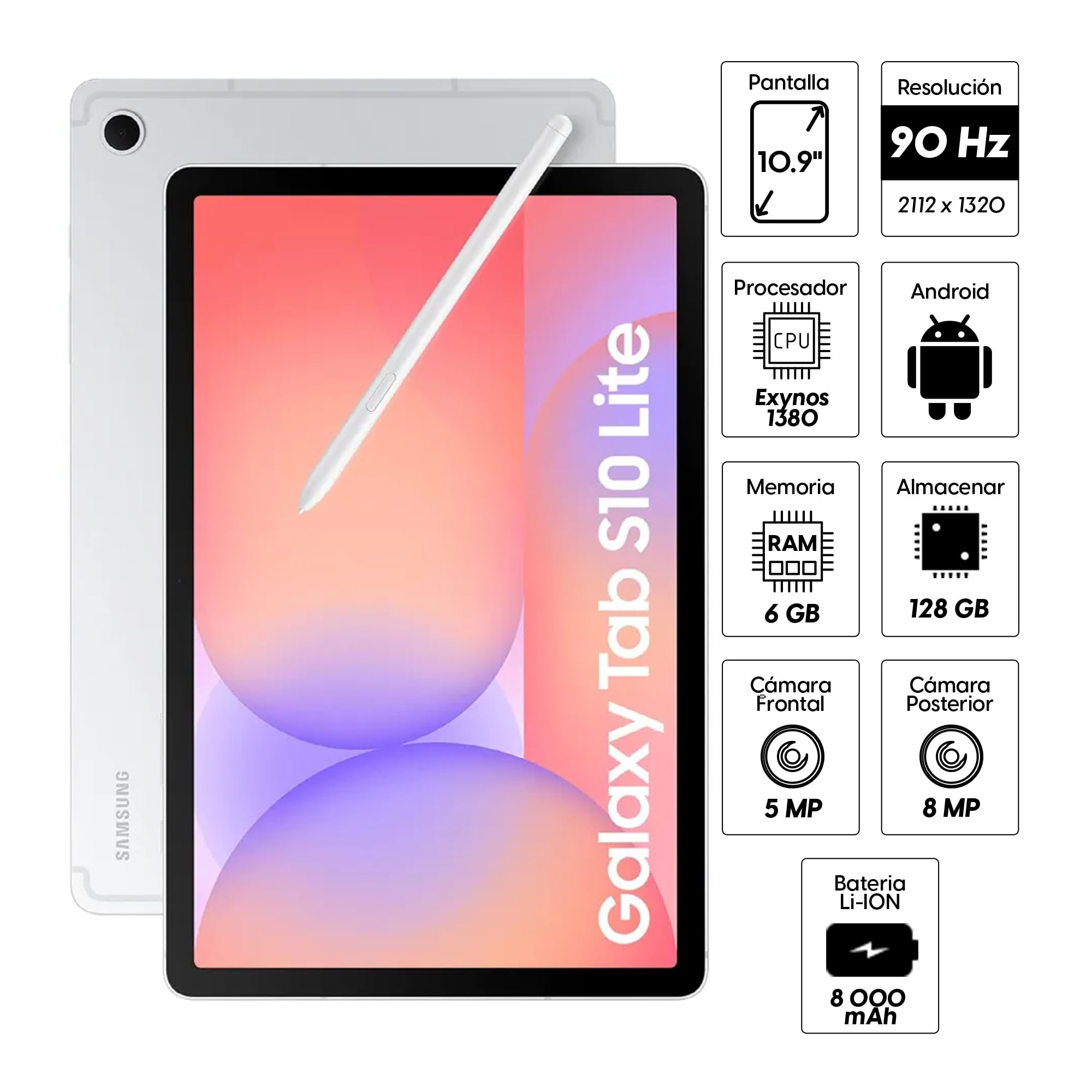 Imagen 2 del producto Tablet Samsung Galaxy Tab S10 Lite 10.9"" 128GB, 6GB RAM, cámara principal 8MP y frontal 5MP, 8000 mAh, Exynos 1380, silver