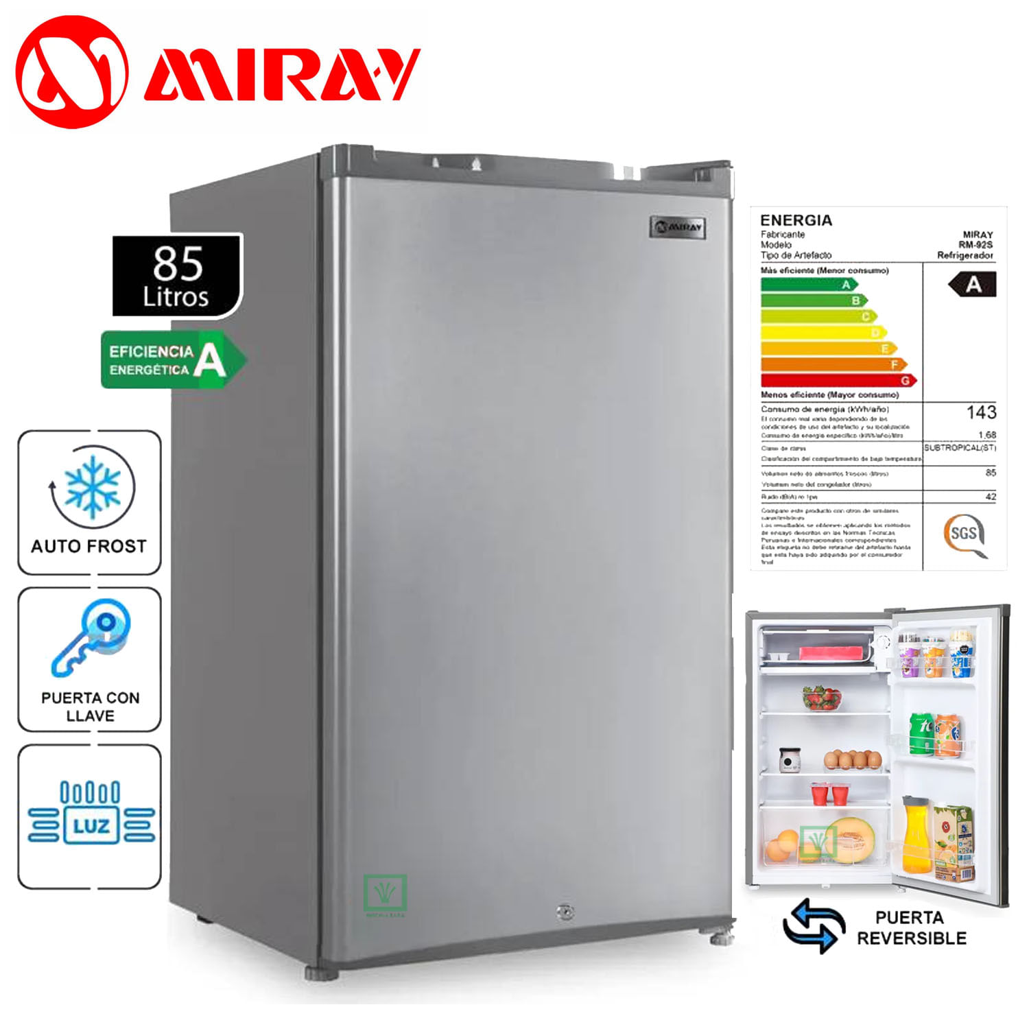 Imagen 2 del producto Frigobar Miray RM-92S 85L Frost con llave, control de temperatura y repisas de vidrio templado, inoxidable