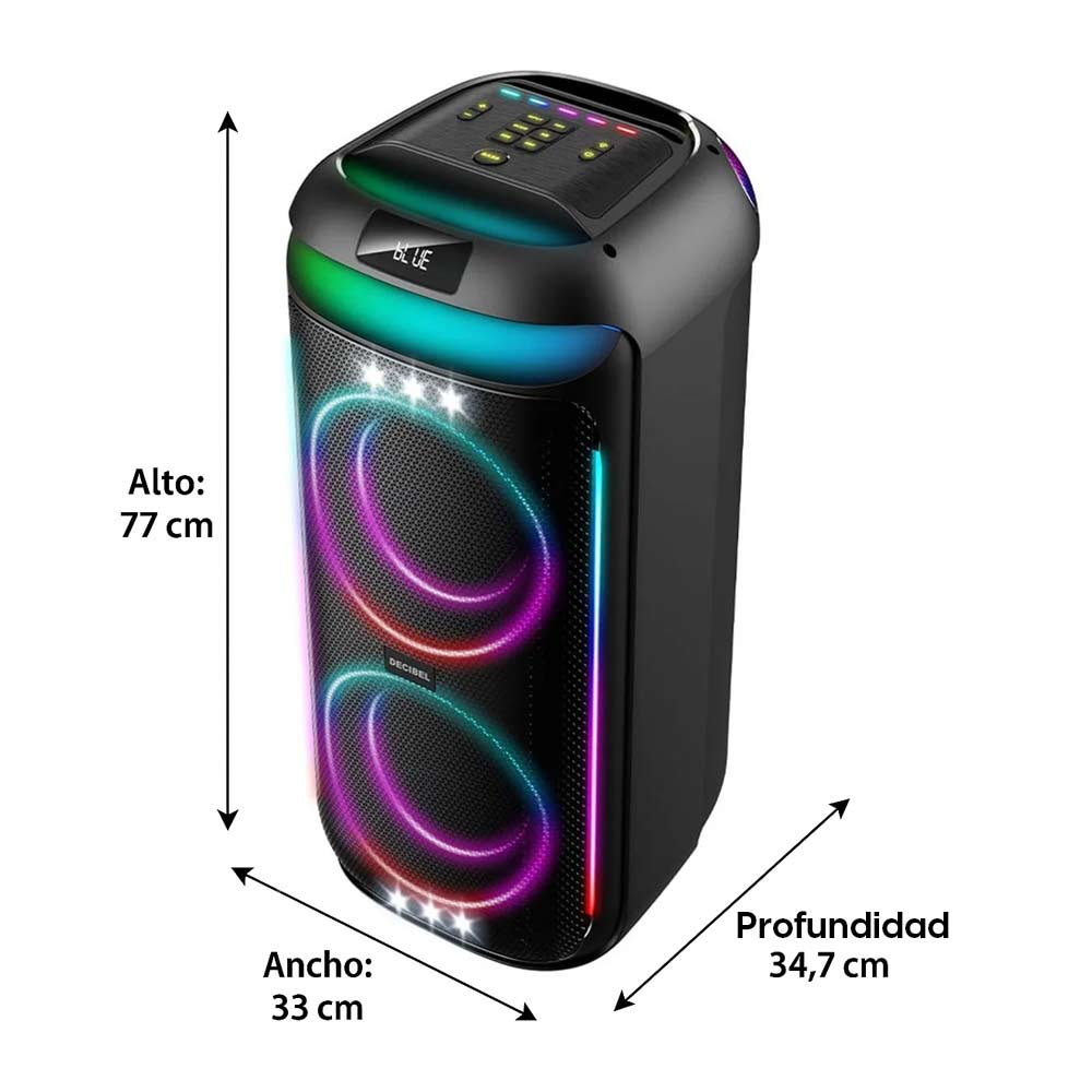Imagen 2 del producto Parlante de torre bluetooth Decibel PartyLights Pro 160W potencia, altavoces, protección IPX4, luces led, radio FM, USB, control remoto (reempacado)