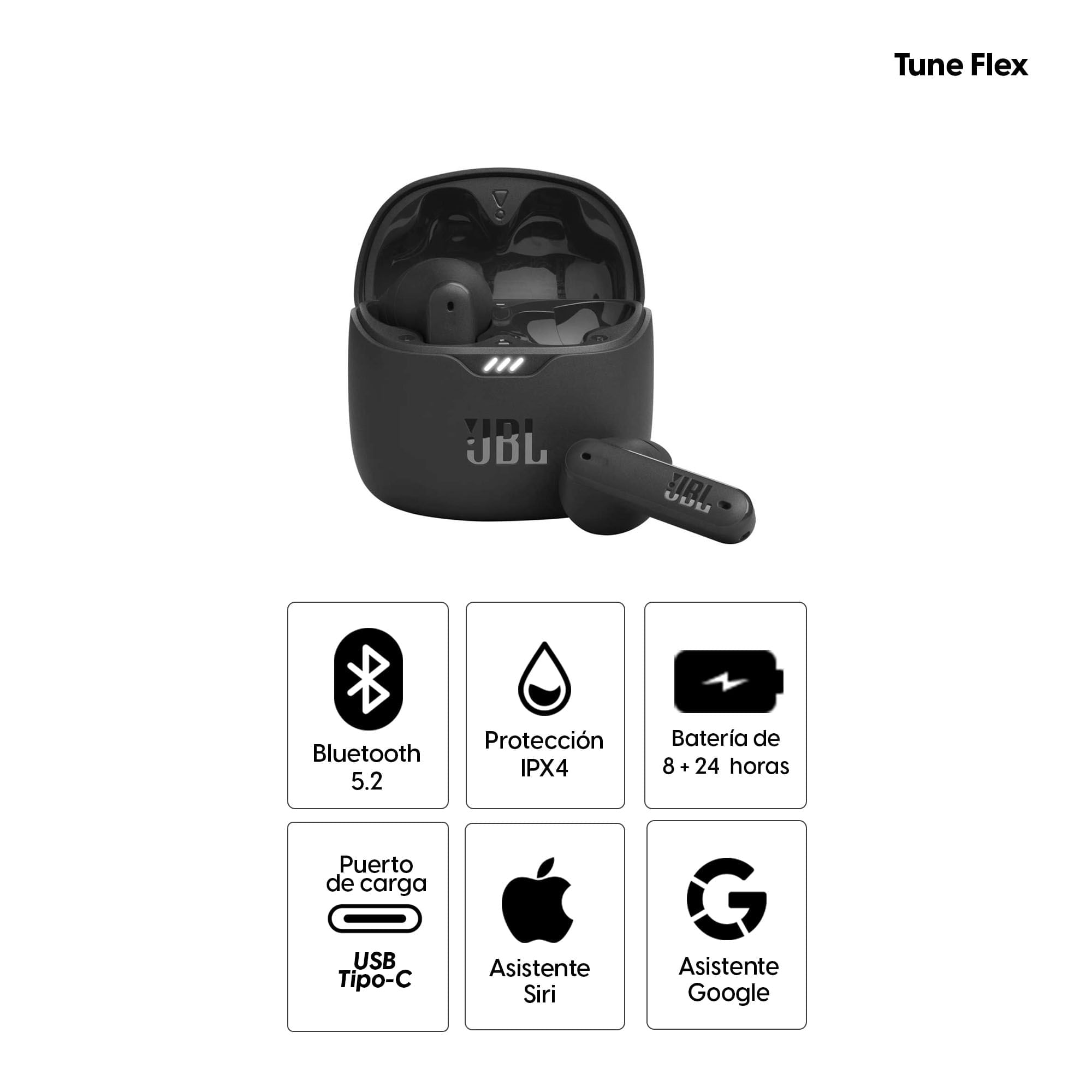 Imagen 2 del producto Audífonos bluetooth True Wireless JBL Tune Flex cancelación de ruido, resistente al agua IPX4, duración máx. 32 horas con estuche de carga, negro
