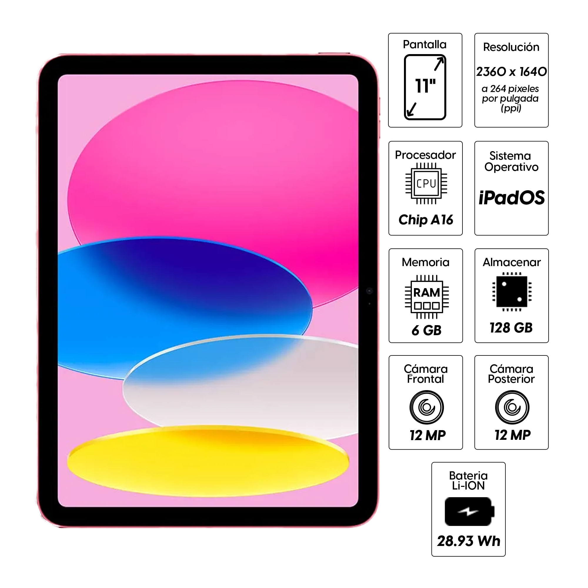 Imagen 2 del producto iPad 11"" 128GB, cámara principal 12MP y frontal 12MP, 28.93 Wh, Chip A16, pink