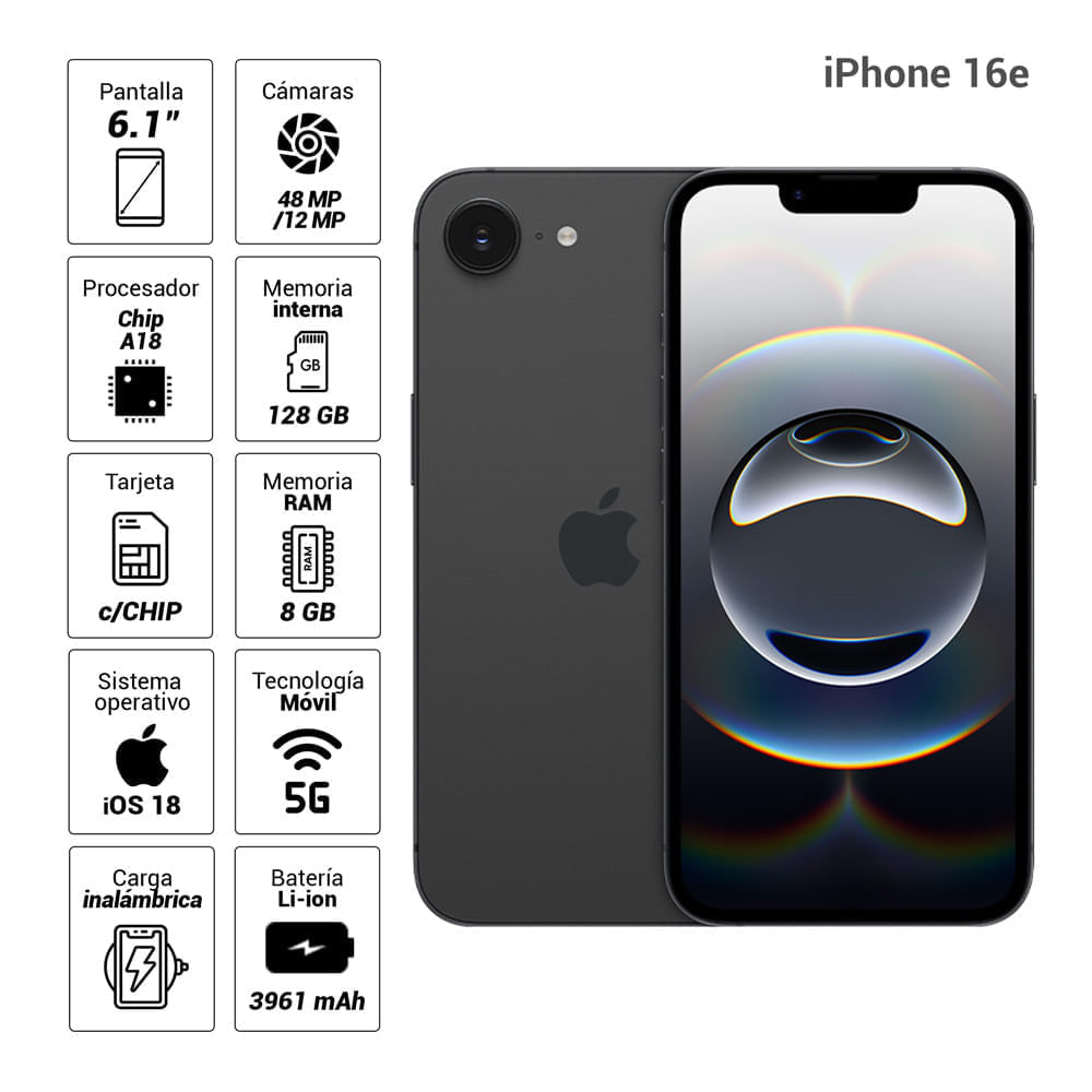 Imagen 2 del producto iPhone 16e 5G 128GB, 8GB RAM, cámara trasera 48MP y frontal 12MP, 6.1"", negro