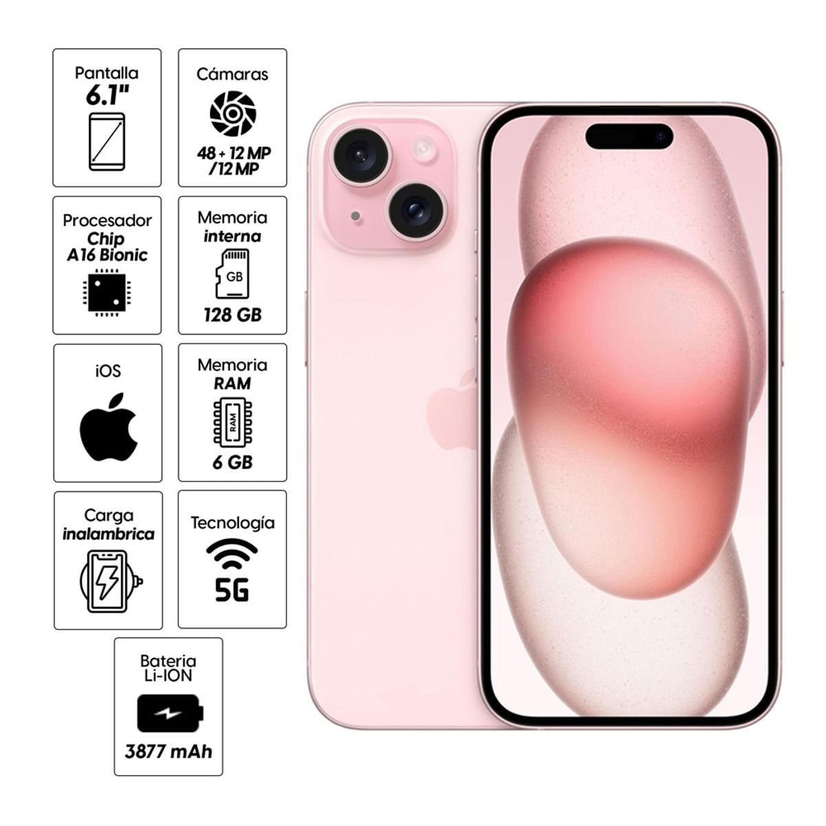 Imagen 2 del producto iPhone 15 C/CHiP 128GB, 6GB RAM, cámara trasera 48MP y frontal 12MP, 6.1"", rosado