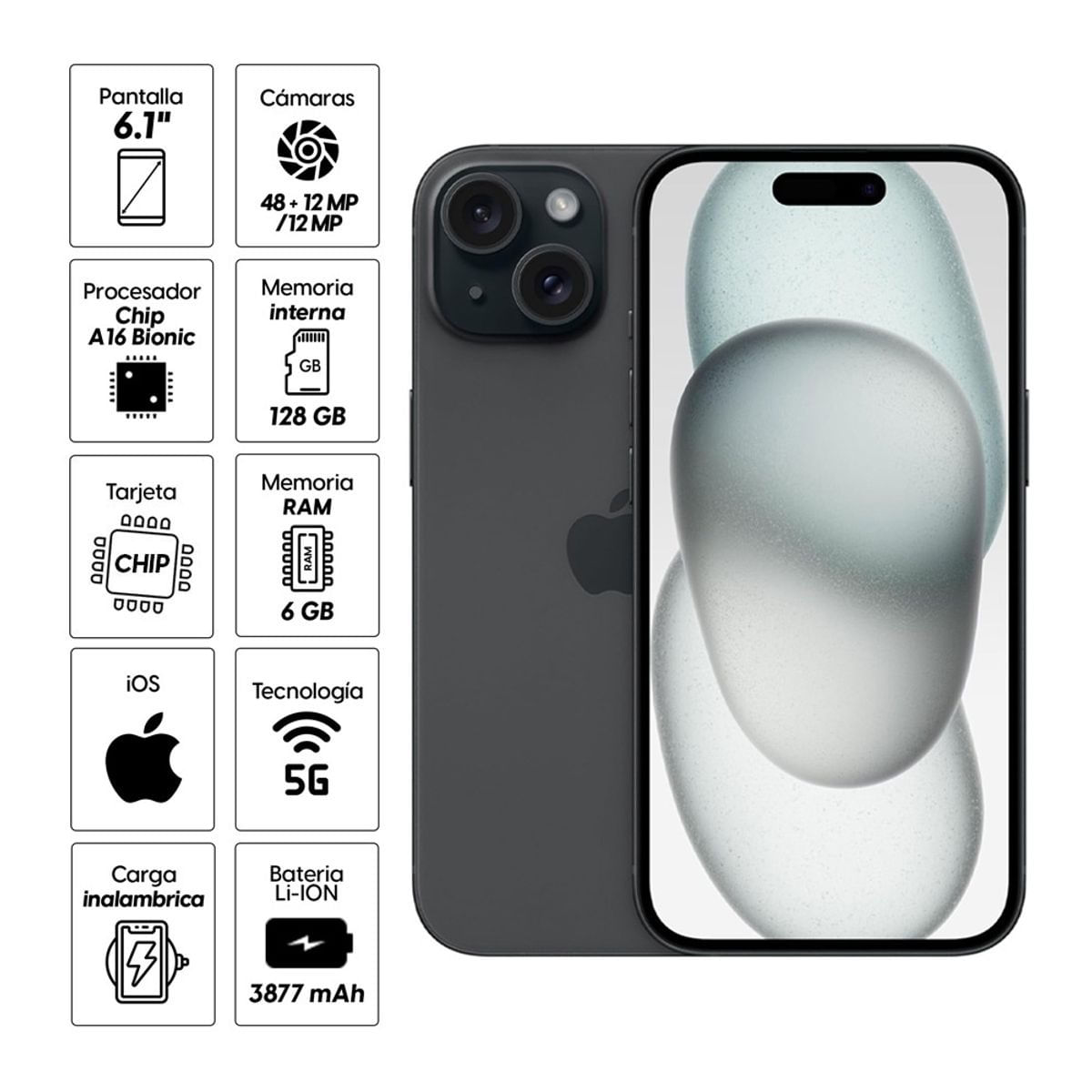 Imagen 2 del producto PREVENTA: iPhone 15 128GB, 6GB RAM, cámara trasera 48MP y frontal 12 MP, 6.1"", negro