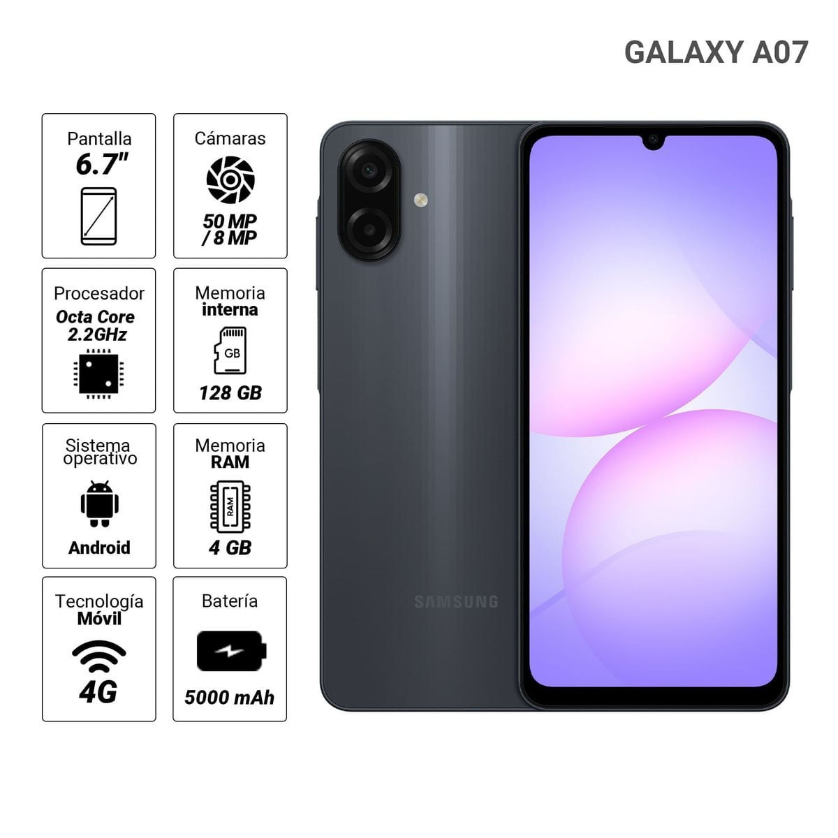 Imagen 2 del producto Celular Samsung Galaxy A07 4G 128GB, 4GB RAM, cámara trasera 50MP y frontal 8MP, 6.7"", negro