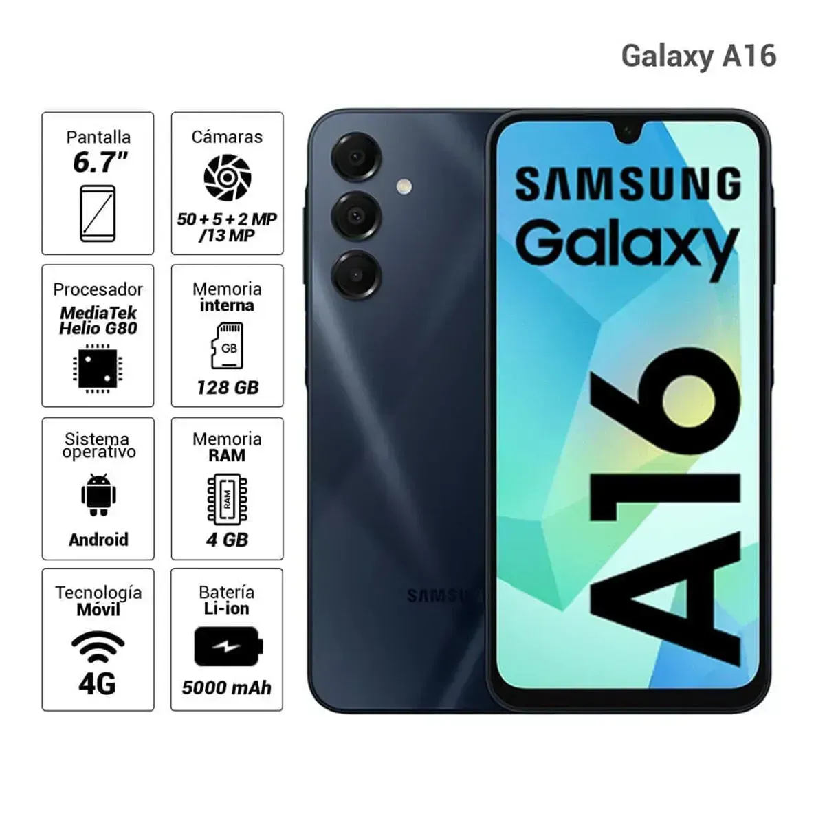 Imagen 2 del producto Celular Samsung Galaxy A16 4G 128GB, 4GB RAM, cámara trasera 50MP y frontal 13MP, 6.7"", negro