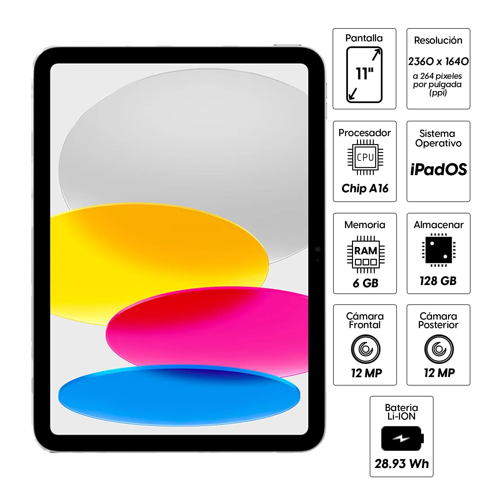 Imagen 2 del producto iPad 11"" (11va Gen) 128GB, 6GB RAM, cámara principal 12MP y frontal 12MP, 28.93 Wh, Chip A16, silver