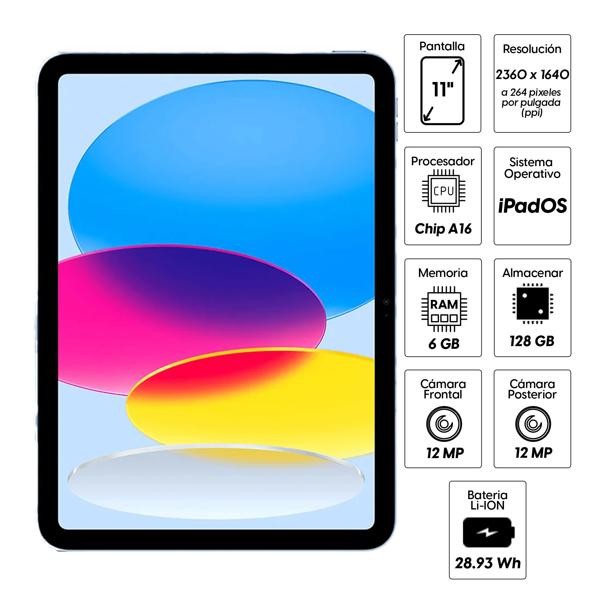 Imagen 2 del producto iPad 11"" 128GB, cámara principal 12MP y frontal 12MP, 28.93 Wh, Chip A16, blue