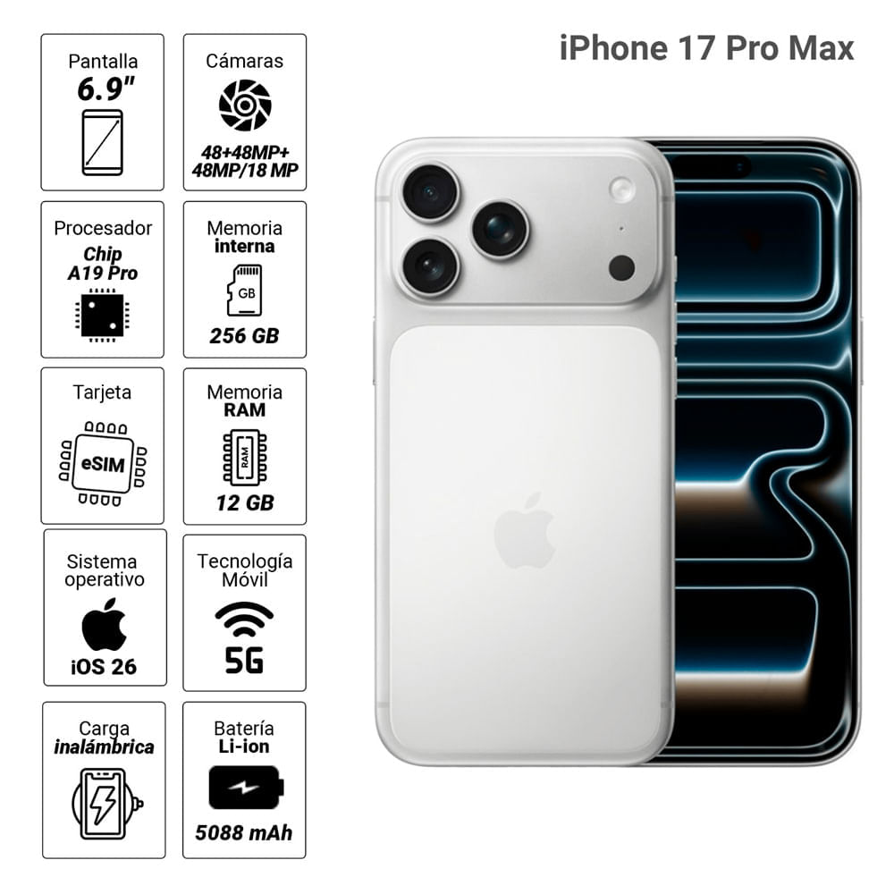 Imagen 2 del producto iPhone 17 Pro Max eSIM 256GB, 12GB RAM, cámara trasera 48MP y frontal 18MP, 6.9"", silver