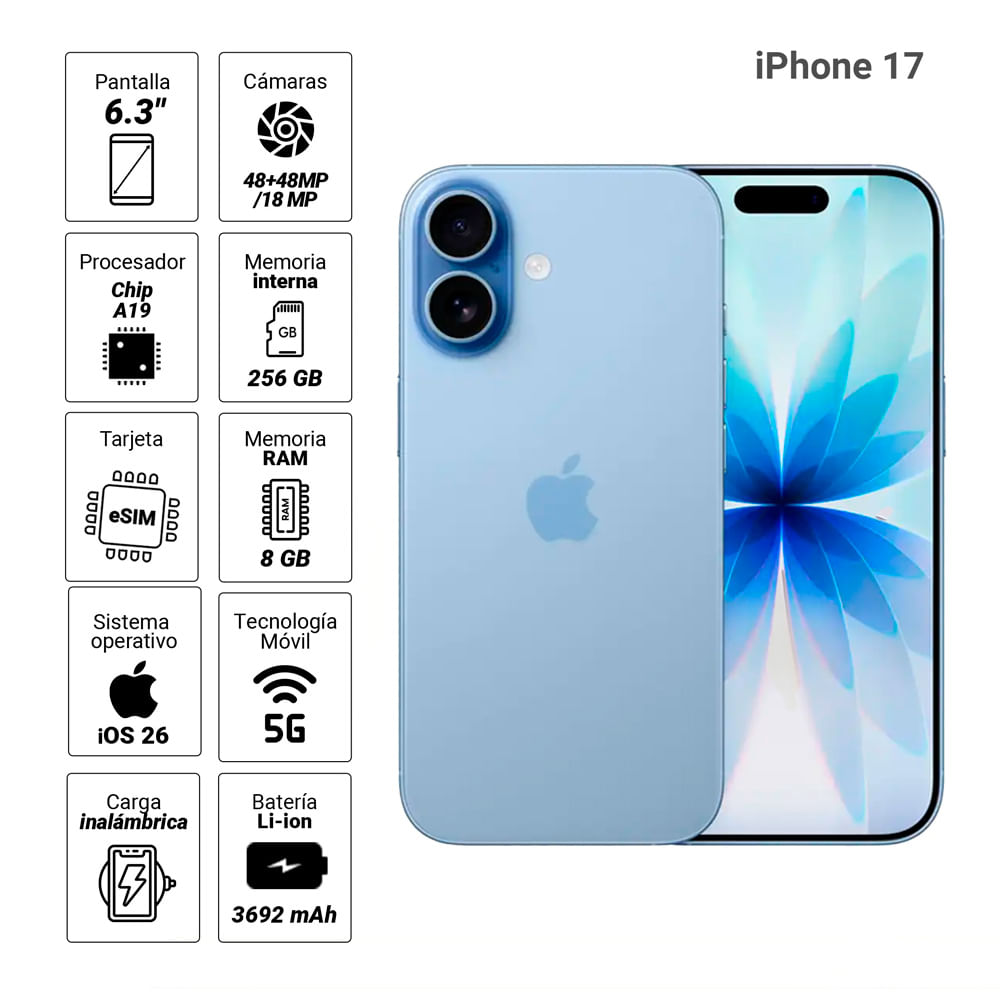 Imagen 2 del producto iPhone 17 eSIM 5G 256GB, 8GB RAM, cámara trasera 48MP y frontal 18MP, 6.3"", mist blue