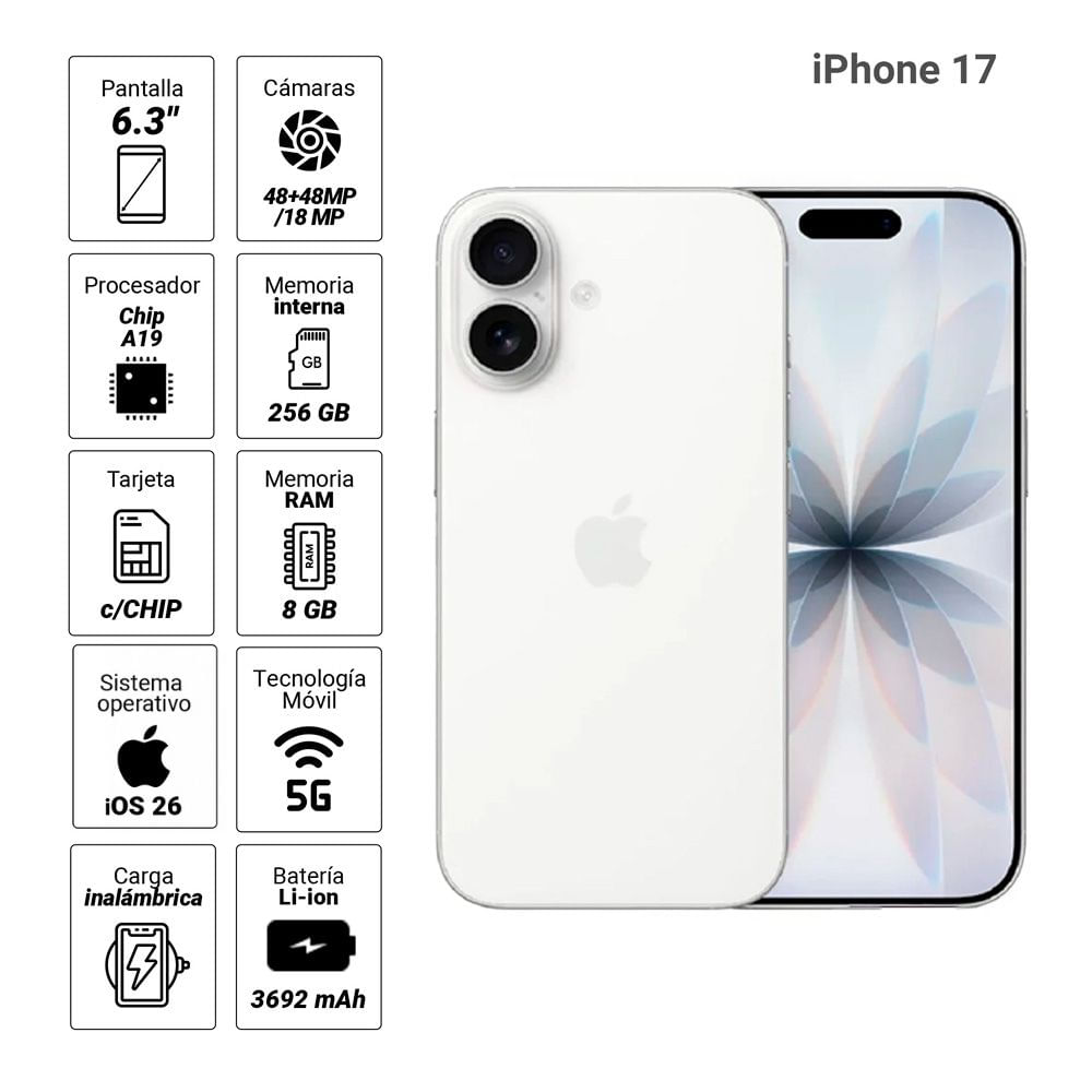 Imagen 2 del producto iPhone 17 5G 256GB, 8GB RAM, cámara trasera 48MP y frontal 18MP, 6.3"", white