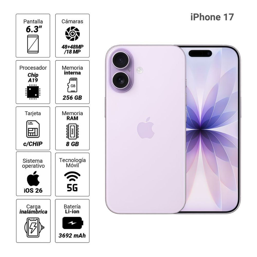 Imagen 2 del producto iPhone 17 5G 256GB, 8GB RAM, cámara trasera 48MP y frontal 18MP, 6.3"", lavender