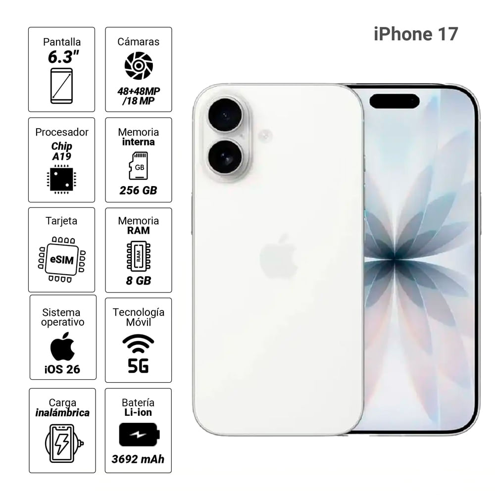 Imagen 2 del producto iPhone 17 eSIM 5G 256GB, 8GB RAM, cámara trasera 48MP y frontal 18MP, 6.3"", blanco