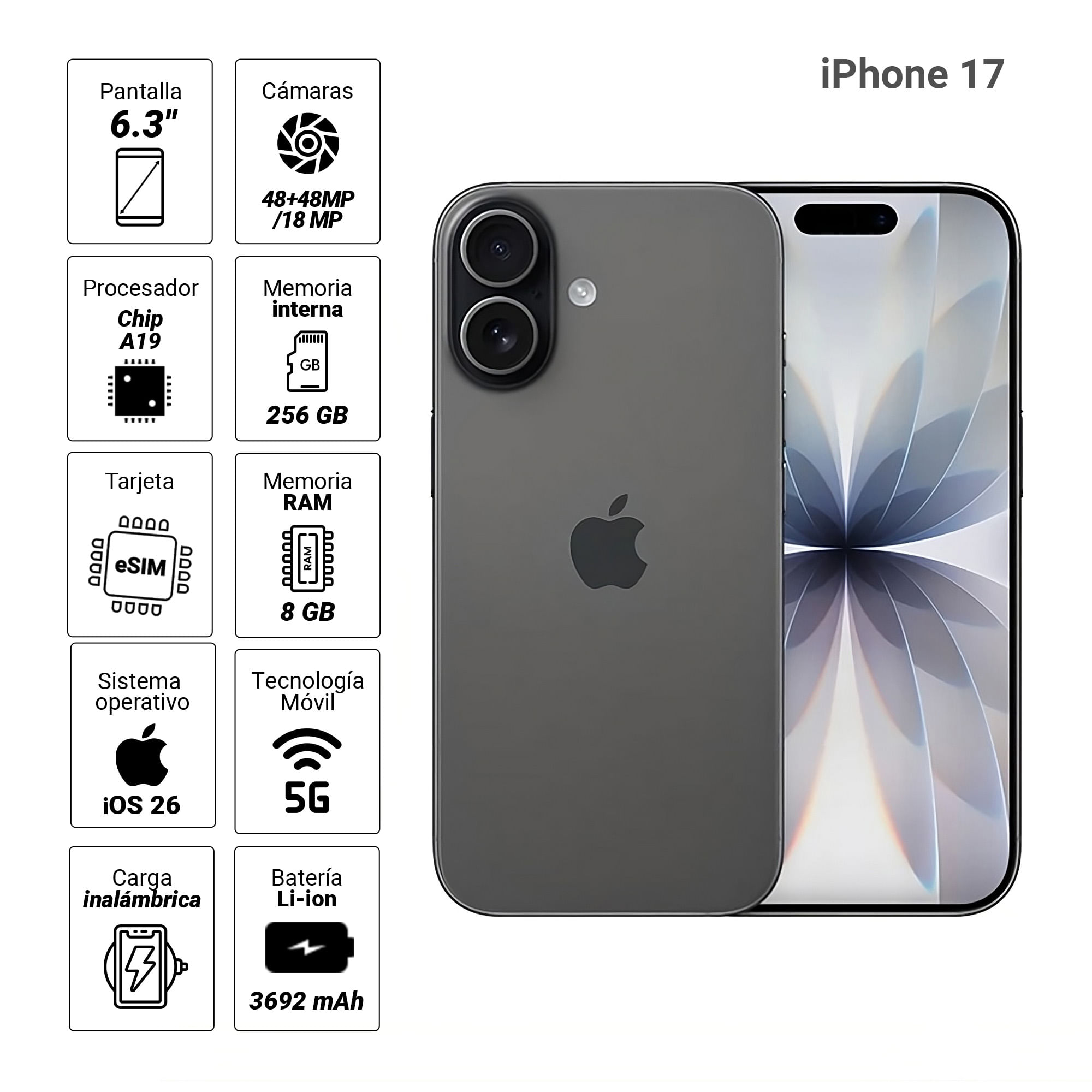 Imagen 2 del producto PREVENTA: iPhone 17 eSIM 5G 256GB, 8GB RAM, cámara trasera 48MP y frontal 18MP, 6.3"", negro