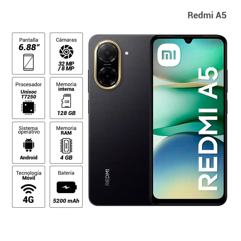 Imagen 2 del producto Celular Xiaomi Redmi A5 4G 64GB, 3GB RAM, cámara trasera 32MP y frontal 5MP, 6.88"", negro