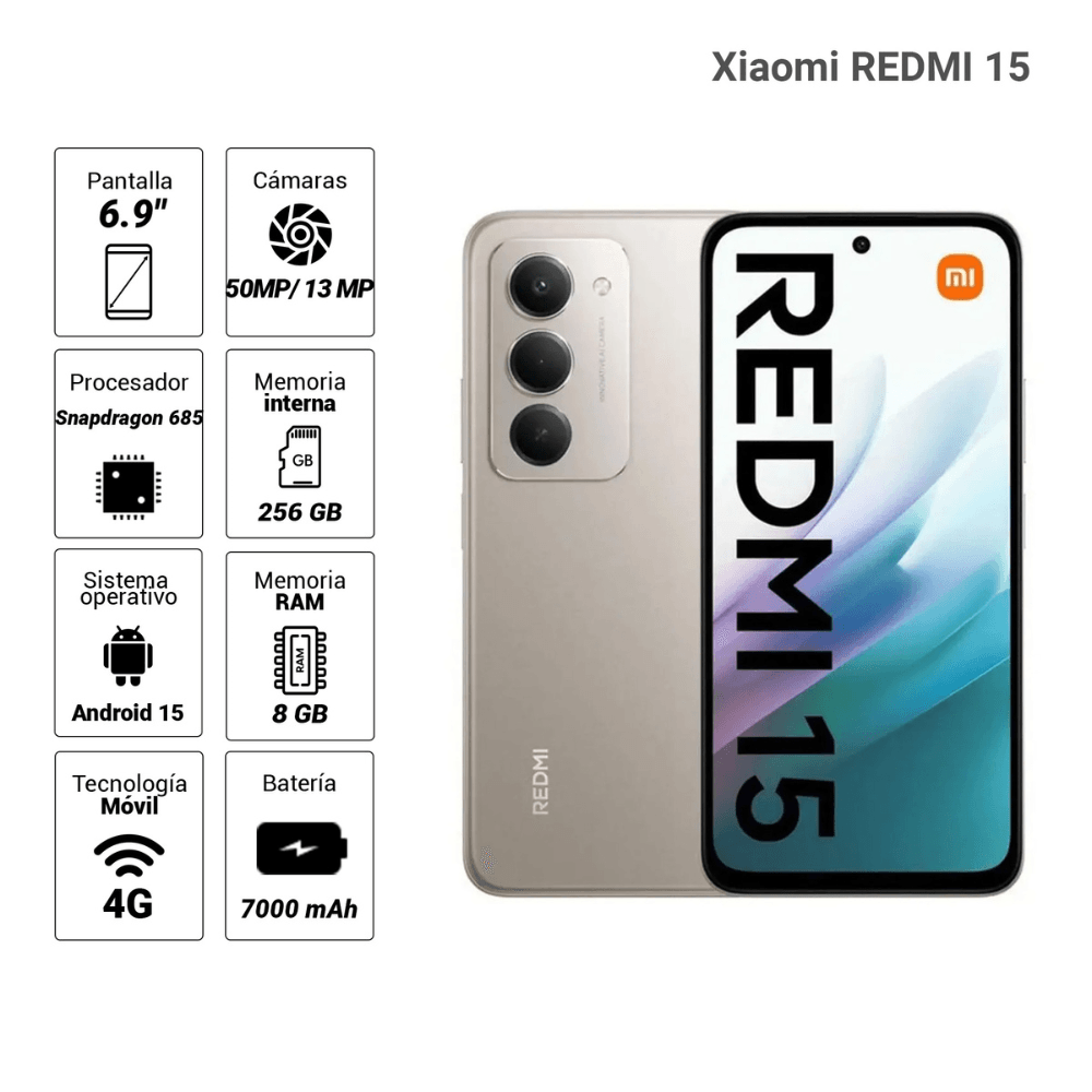 Imagen 2 del producto Celular Xiaomi Redmi 15 4G 256GB, 8GB RAM, cámara trasera 50MP y frontal 8MP, 6.9"", gris