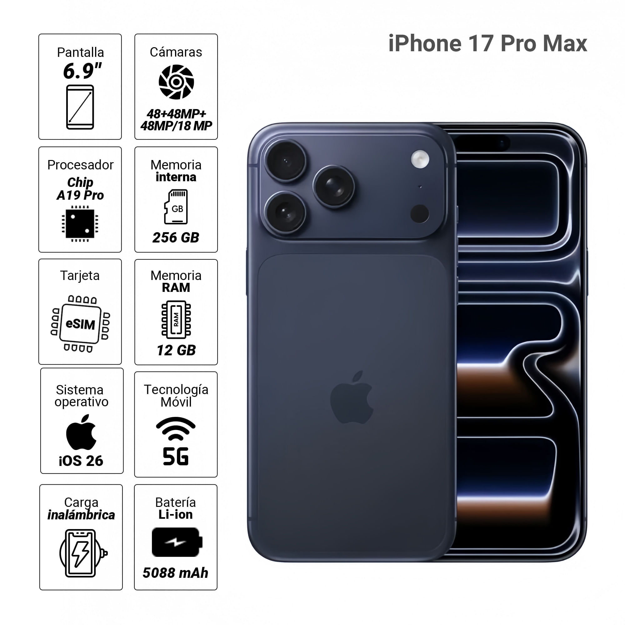 Imagen 2 del producto iPhone 17 Pro Max eSIM 5G 256GB, 12GB RAM, cámara trasera 48MP y frontal 18MP, 6.9"", blue