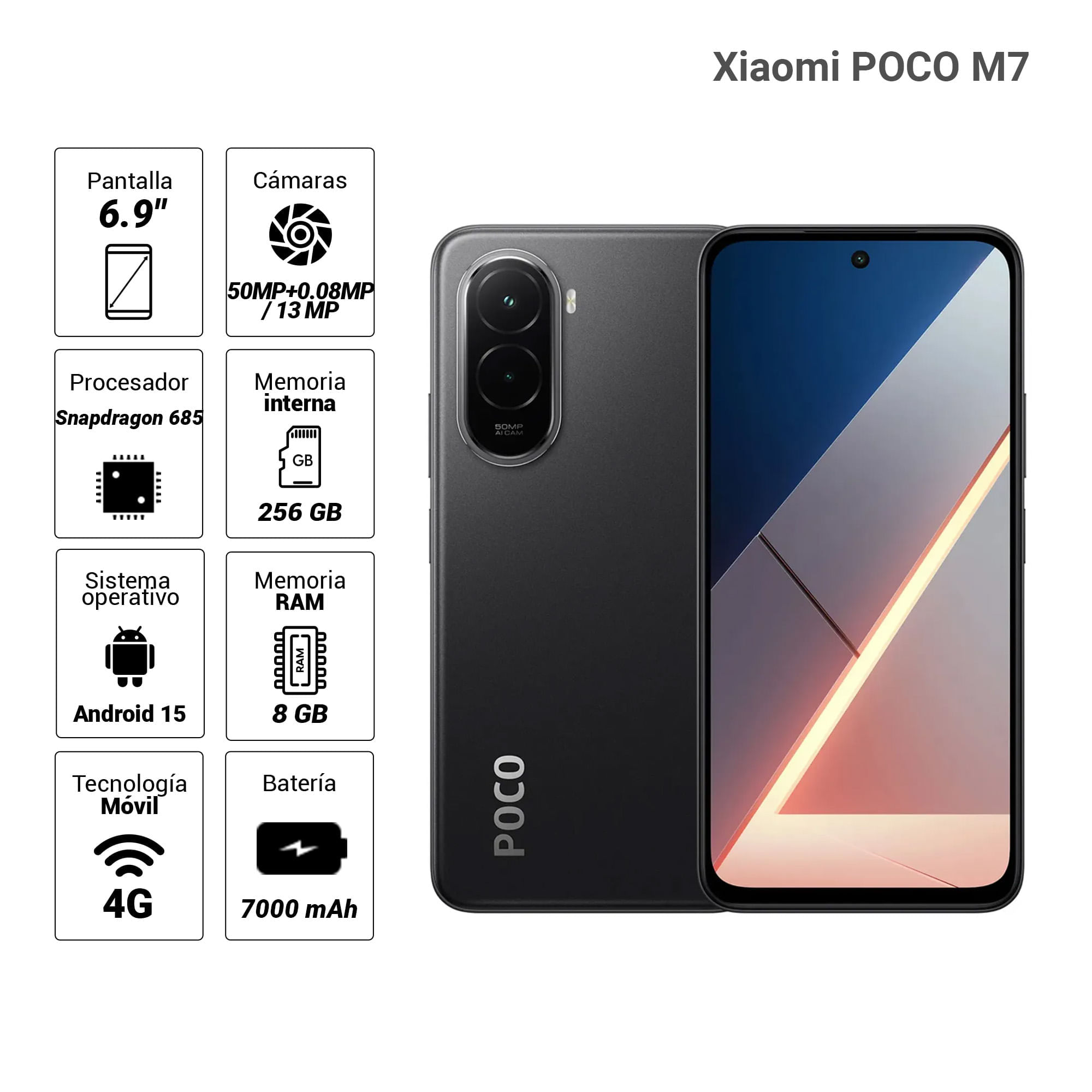 Imagen 2 del producto Celular Xiaomi POCO M7 4G 256GB, 8GB RAM, cámara trasera 50MP y frontal 8MP, 6.9"", negro