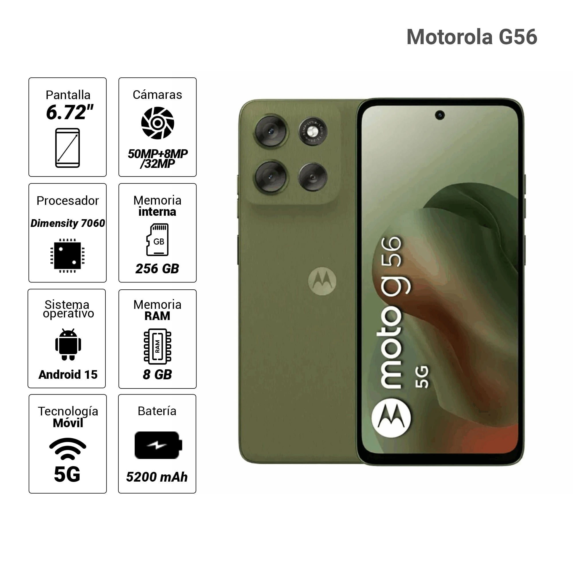 Imagen 2 del producto Celular Motorola G56 5G, 256GB, 8GB RAM, cámara trasera 50MP y frontal 32MP, 6.72"", verde