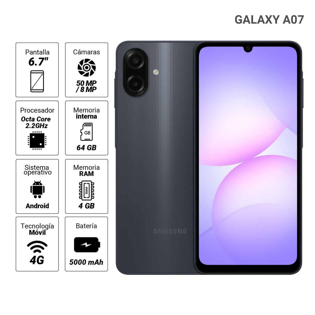 Imagen 2 del producto Celular Samsung Galaxy A07 4G 64GB, 4GB RAM, cámara trasera 50MP y frontal 8MP, 6.7"", negro